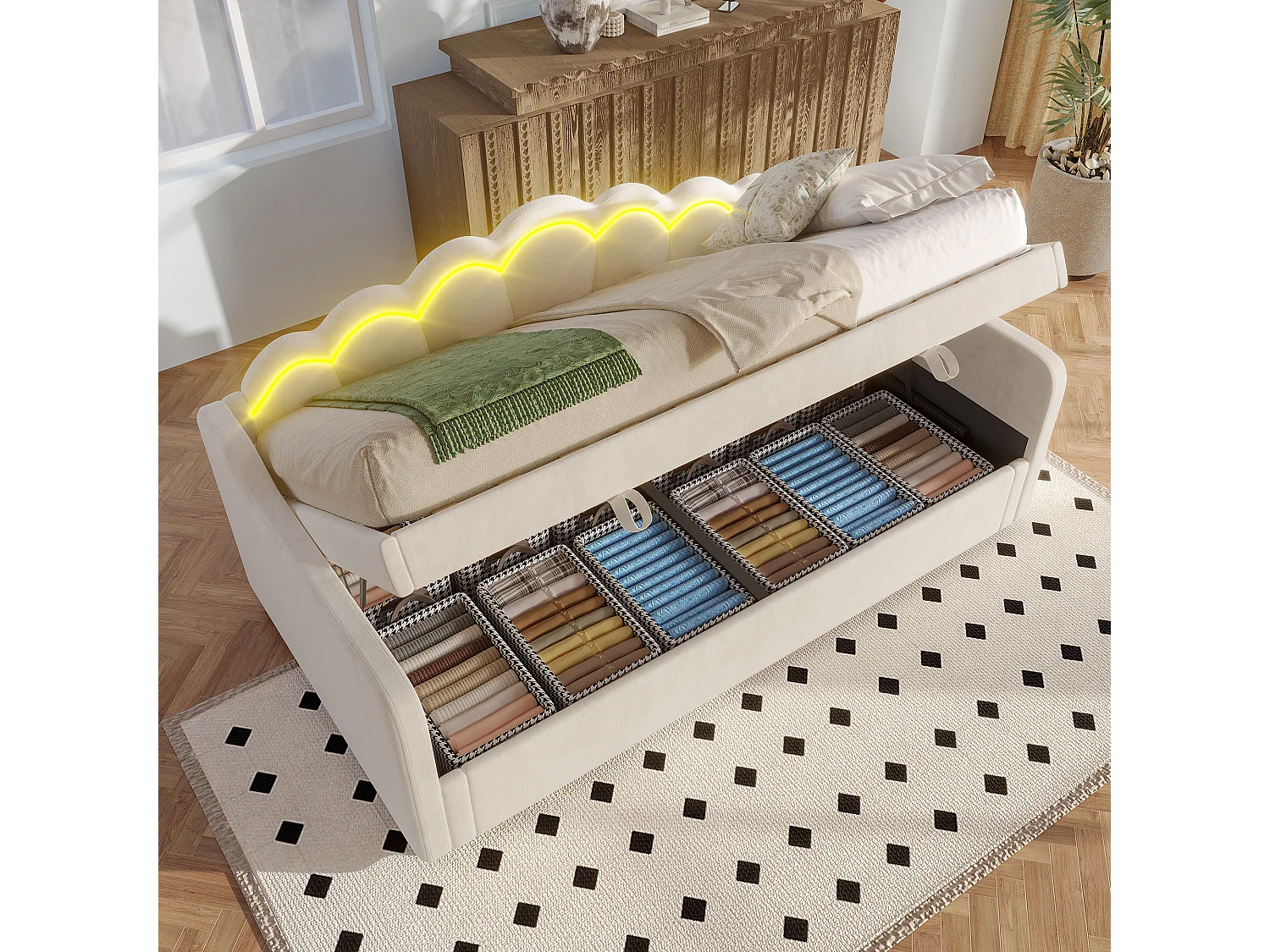 łóżko ze schowkiem - 90 x 200 cm - sofa rozkładana z LED-ami - bez materaca - aksamit + MDF - beż 4098963 - obrazek 1