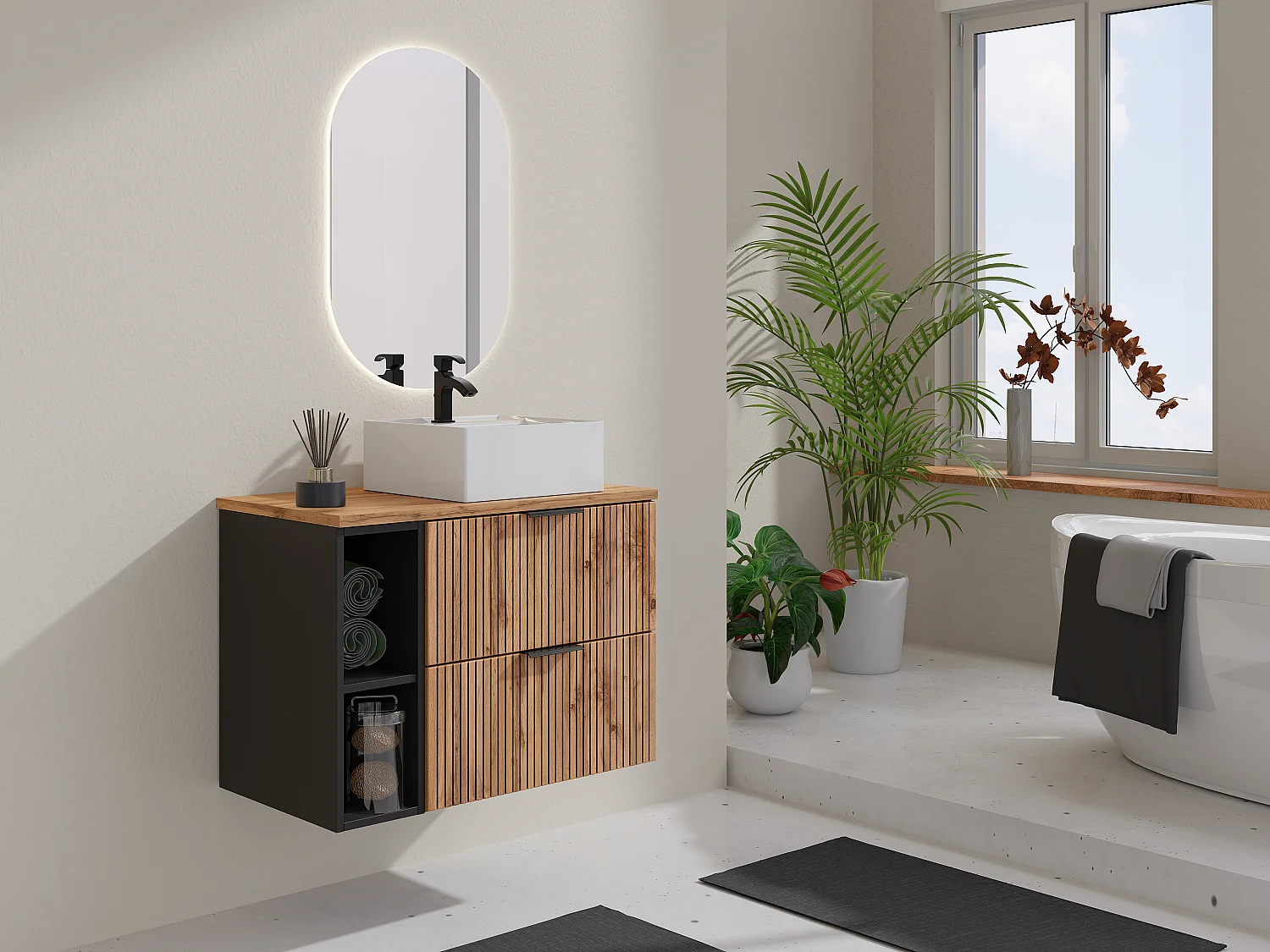 Szafka łazienkowa wisząca ryflowana z wnękami i kwadratową umywalką nablatową – Naturalny jasny – szer. 80 cm – MADELA 4099600