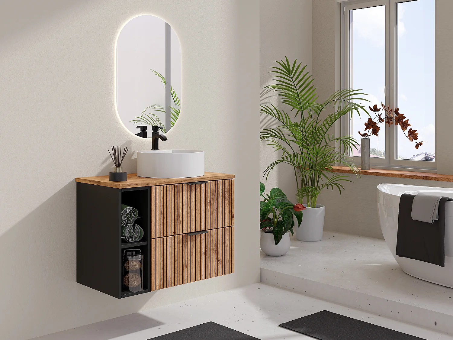 Szafka łazienkowa wisząca ryflowana z wnękami i okrągłą umywalką nablatową – Naturalny jasny – szer. 80 cm – MADELA 4099601