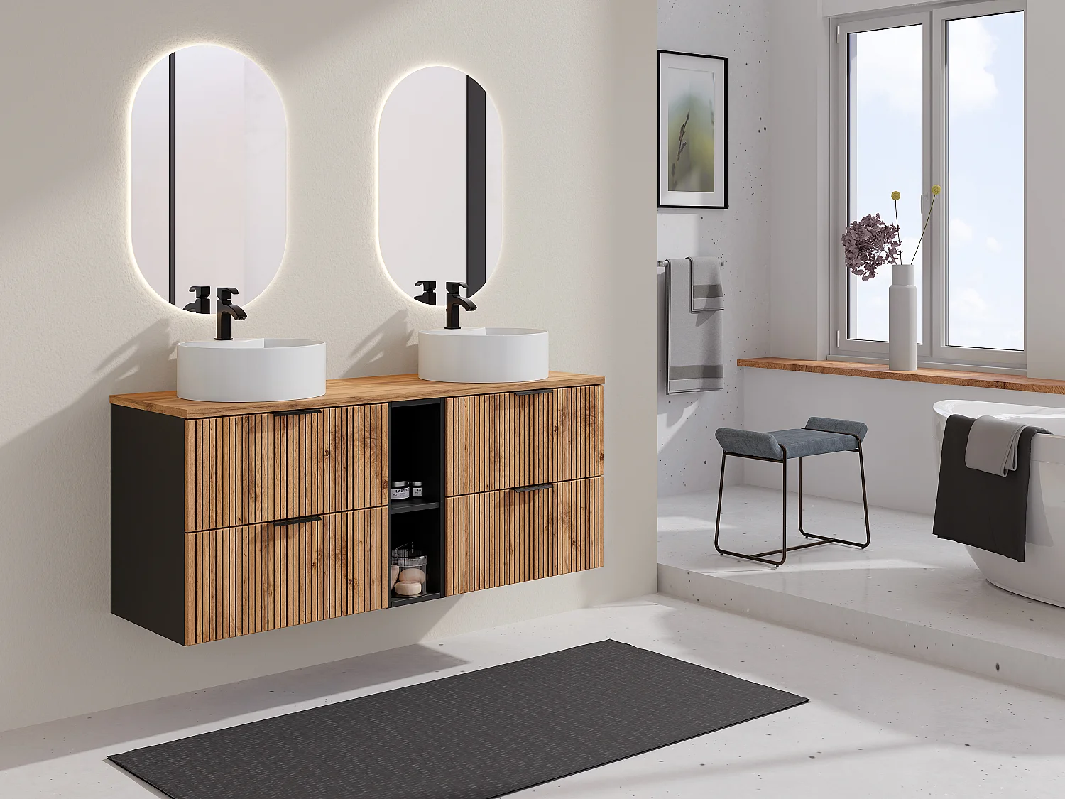 Szafka łazienkowa wisząca ryflowana z wnękami i dwoma okrągłymi umywalkami nablatowymi – Naturalny jasny – szer. 140 cm – MADELA 4099603