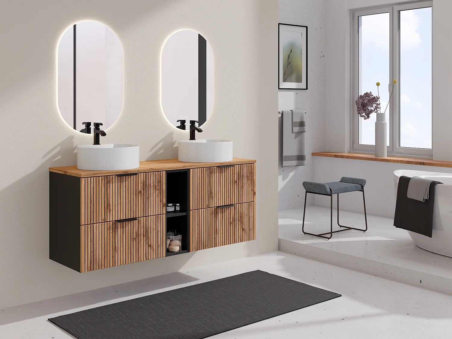 Szafka pod umywalkę wisząca ryflowana z wnękami – Naturalny jasny – szer. 140 cm – MADELA 4099602