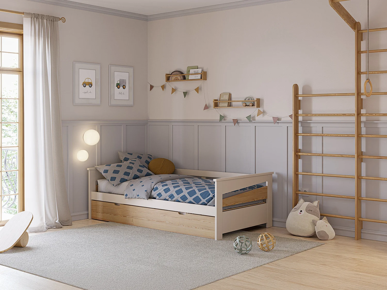 Łóżko wysuwane 2 x 90 x 190 cm - MDF - Naturalny i beżowy + Materac - LURAVO 4102158 - obrazek 1