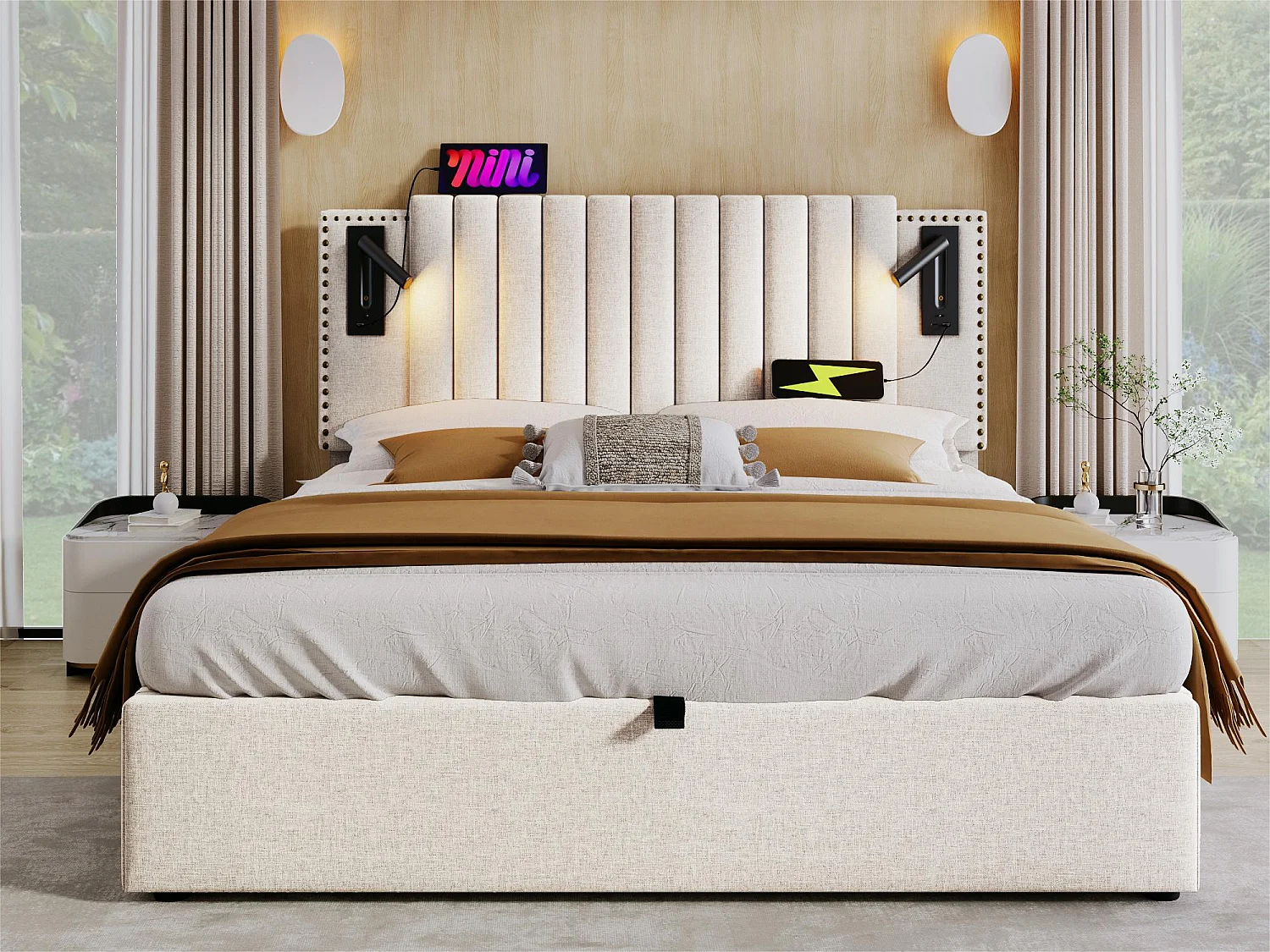 Łóżko z pojemnikiem 180x200cm z tkaniny bawełnianej - z lampkami do czytania i portami ładowania USB - z stelażem na listwach - Beżowe 3251068 - obrazek 1
