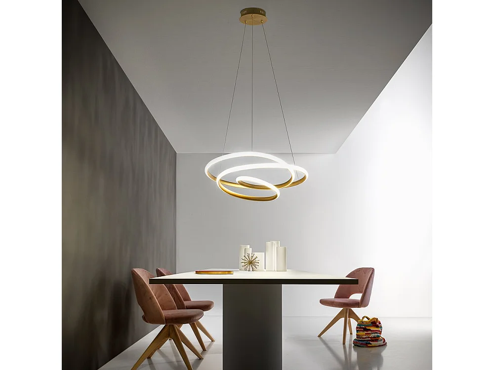 Diva - lampa wisząca LED 47W z możliwością ściemniania - nowoczesny design, szczotkowane złoto, ciepłe światło 3000K, splecione pierścienie o średnicy 65 cm 4104996 - obrazek 1