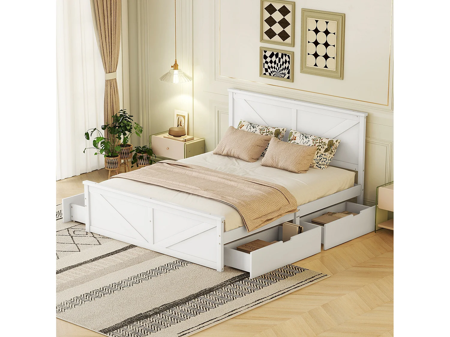 Łóżko z wezgłowiem i 4 szufladami – 140 x 200 cm – sosna – stelaż z listew – kolor biały 1675597