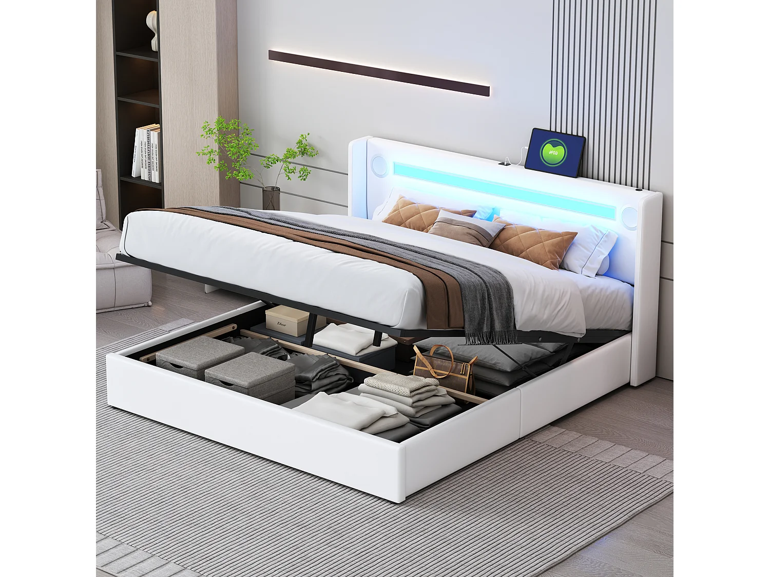 Łóżko ze schowkiem 160 x 200 cm - skóra ekologiczna - diody LED, Bluetooth i port USB - kolor biały 1891505 - obrazek 1
