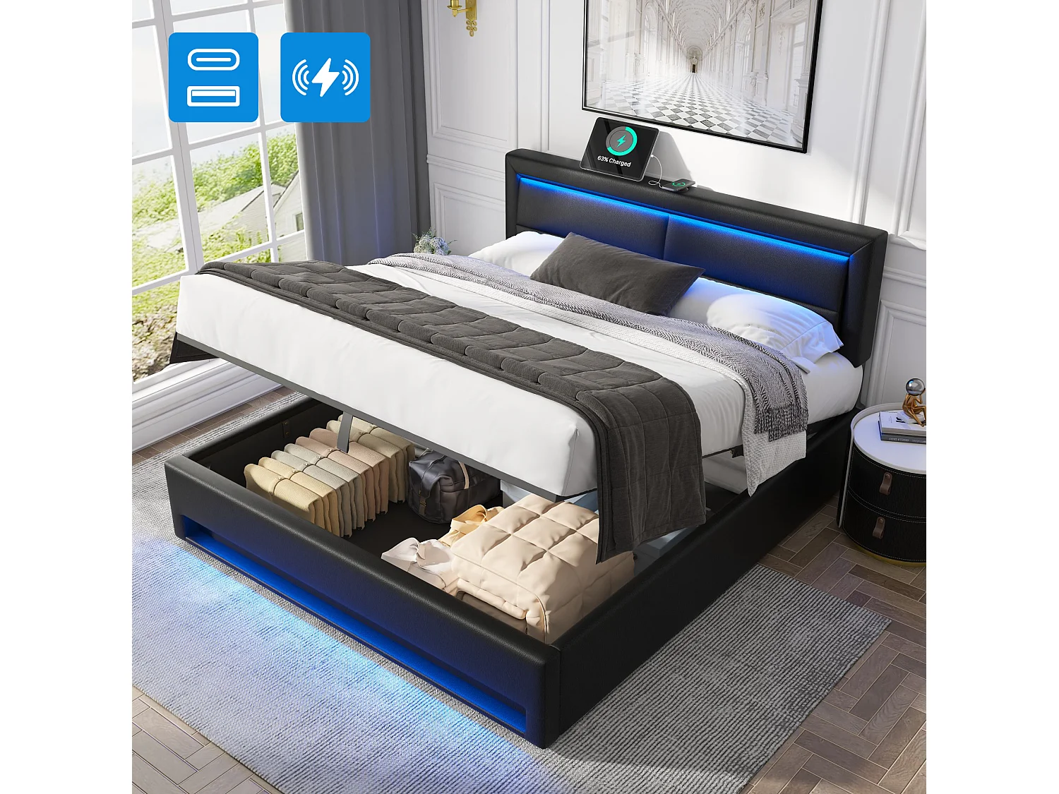 Łóżko z pojemnikiem 160 x 200 z zagłówkiem - Gniazda USB i diody LED - Skóra ekologiczna - Stelaż z listew - Czarny (bez materaca) 3703161 - obrazek 1