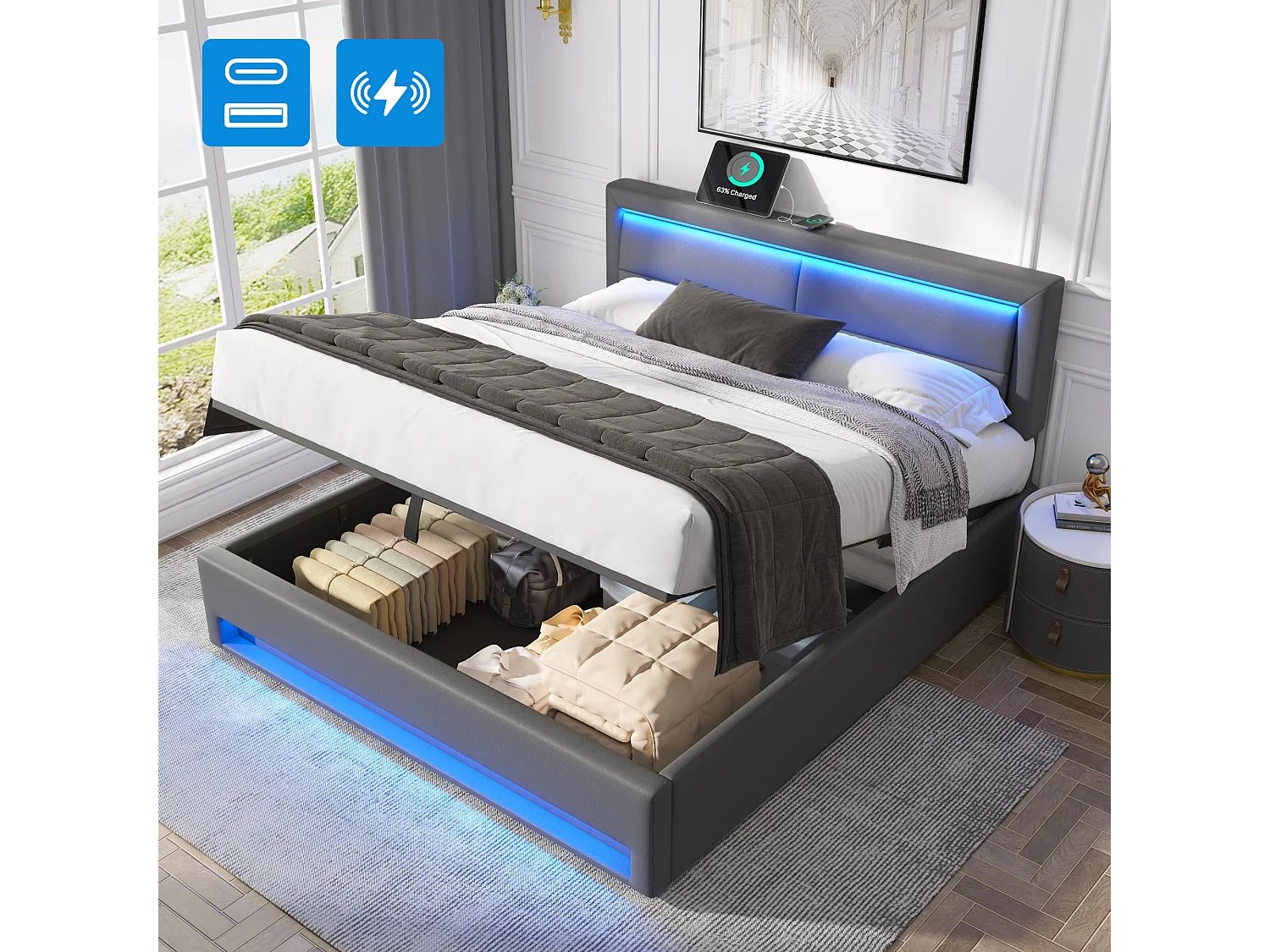 Łóżko z pojemnikiem 160 x 200 z zagłówkiem - Gniazda USB i diody LED - Skóra ekologiczna - Stelaż z listew - Szary (bez materaca) 3703182 - obrazek 1