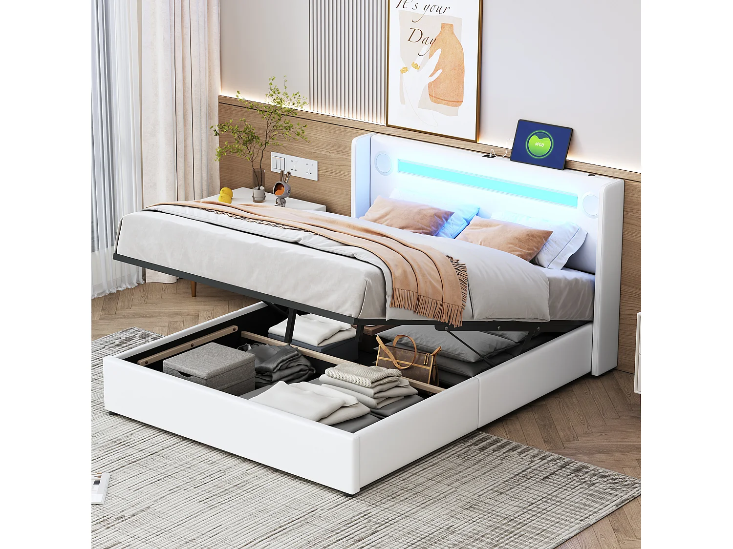 Łóżko ze schowkiem 140 x 200 cm - skóra ekologiczna - diody LED, Bluetooth i port USB - kolor biały 1891529 - obrazek 1