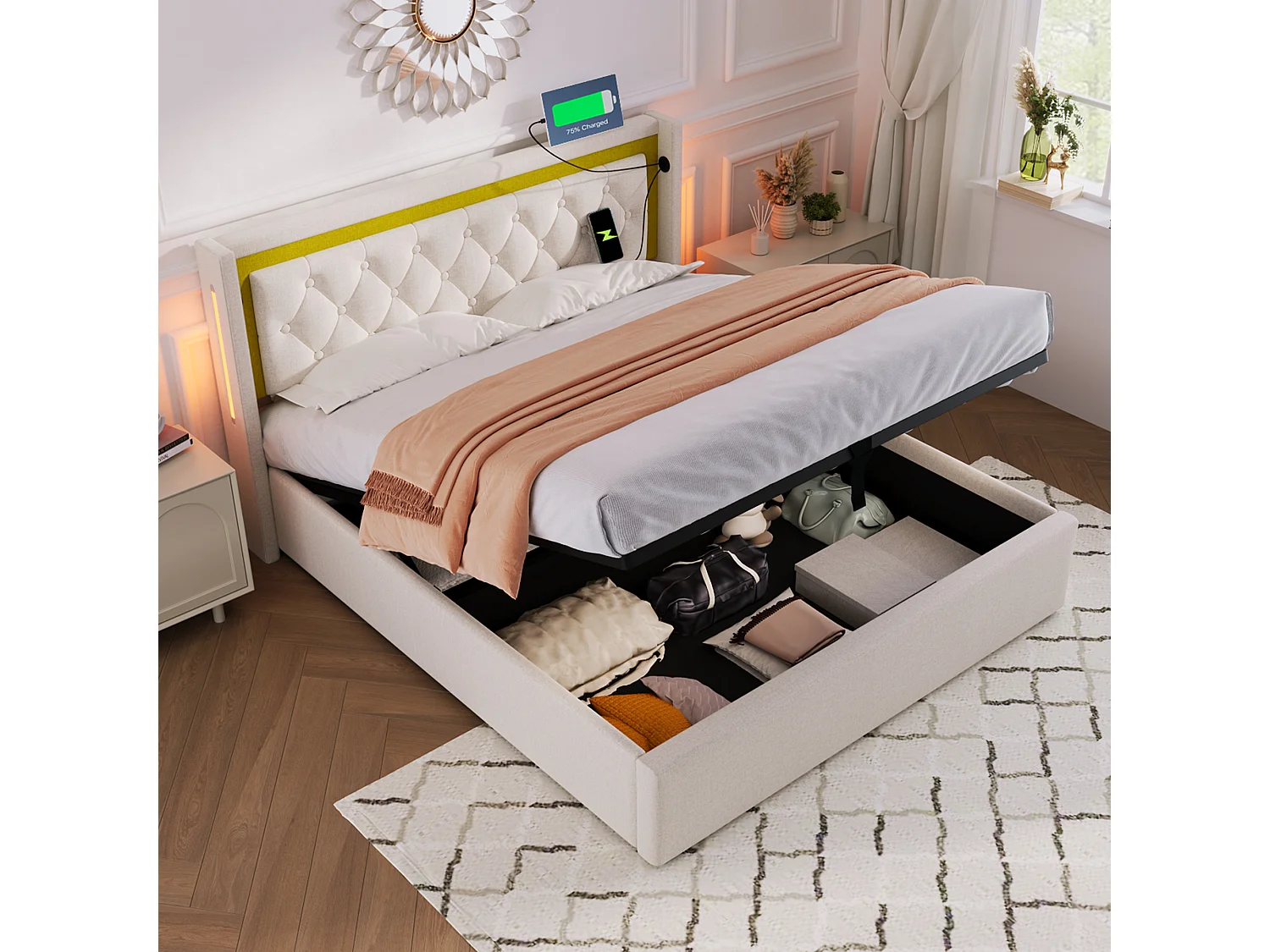 Łóżko z pojemnikiem 140 x 200 cm - Łóżko dla dorosłych z ładowaniem USB i oświetleniem LED - Beżowe - Bawełna - Bez materaca 4137276 - obrazek 1