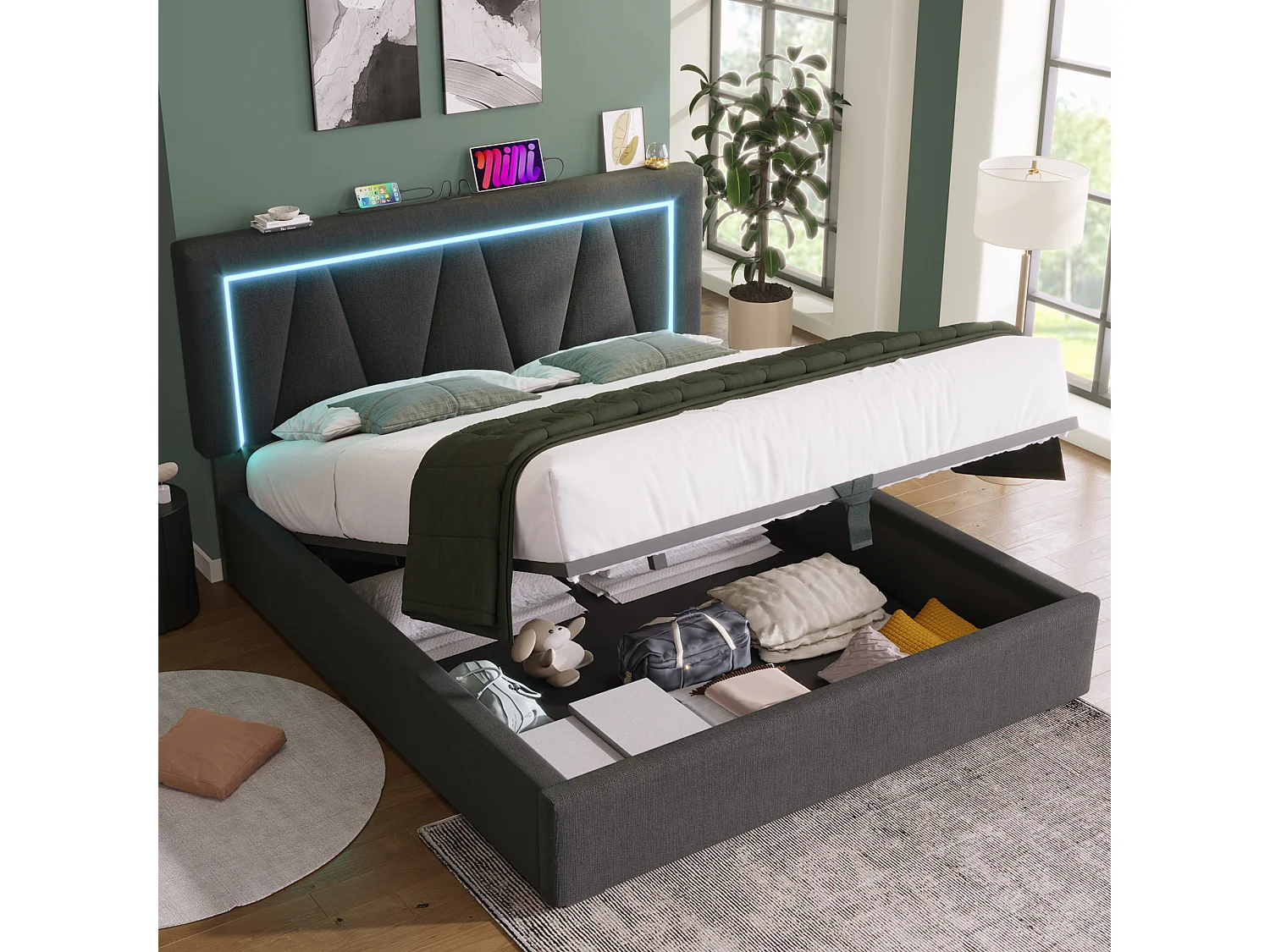 Łóżko z pojemnikiem 140x200 cm - Łóżko dla dorosłych z oświetleniem LED i ładowaniem USB - szary len - Nie Materac 4137318 - obrazek 1