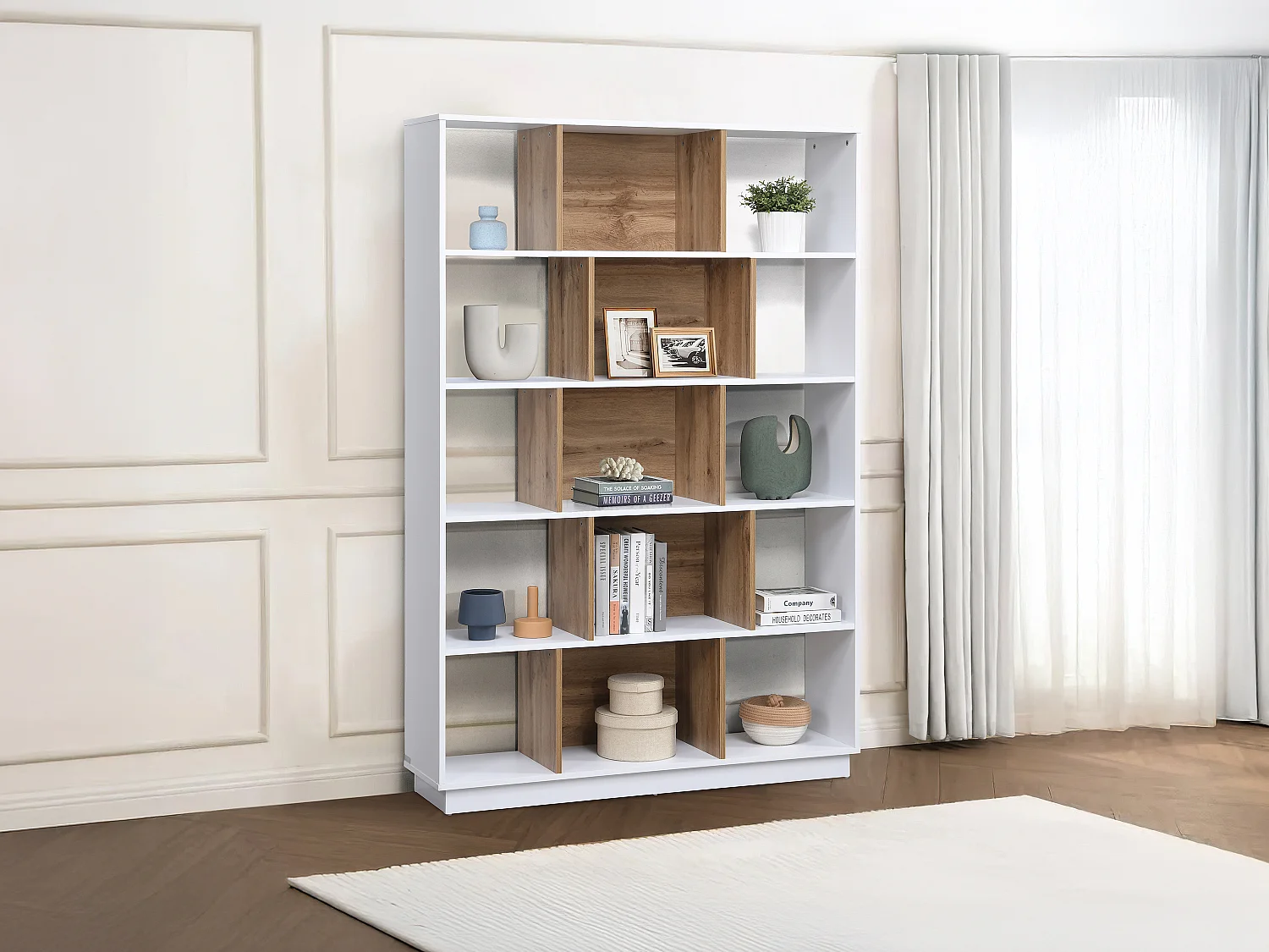 Biblioteczka z 15 wnękami - Biały i Naturalny - DALENOR 3583108 - obrazek 1