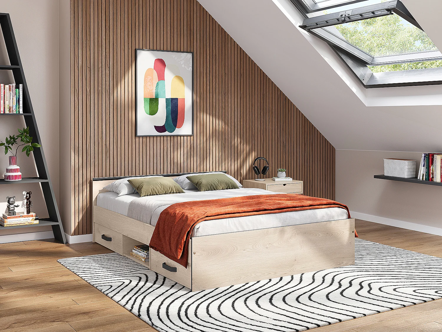 Łóżko ze skrzynią 140 x 190 cm – 2 szuflady i 1 wnęka – Kolory: naturalny + stelaż – PABLO 661015