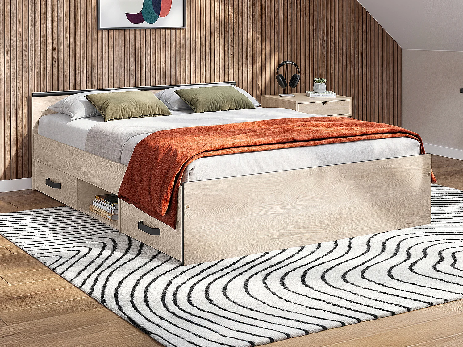 Łóżko ze skrzynią 140 × 190 cm – 2 szuflady i 1 wnęka: Naturalne + Stelaż + Materac – PABLO 791431