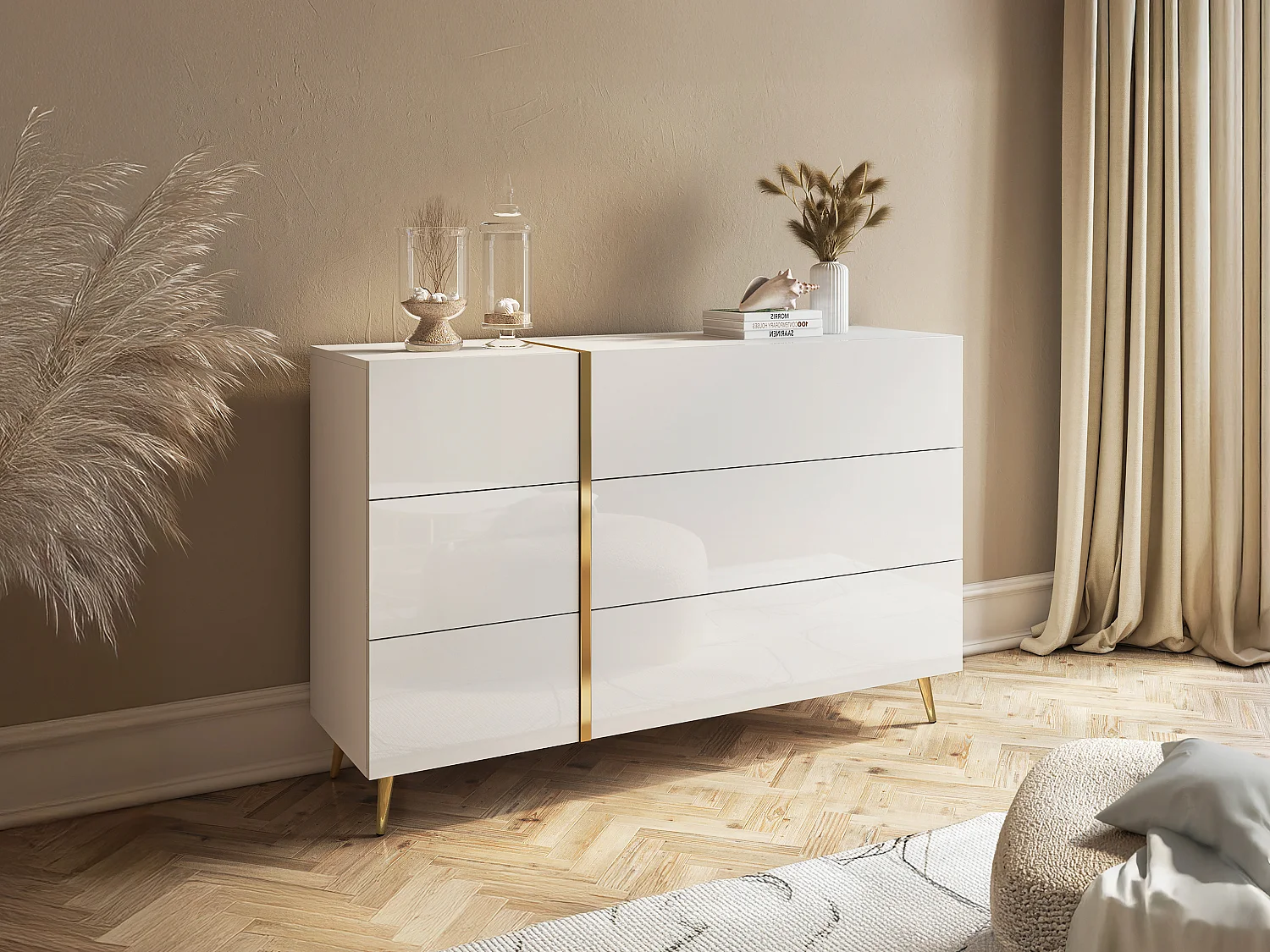 Komoda z 6 szufladami – Biały połysk i złoto – MARZIALO 3907114