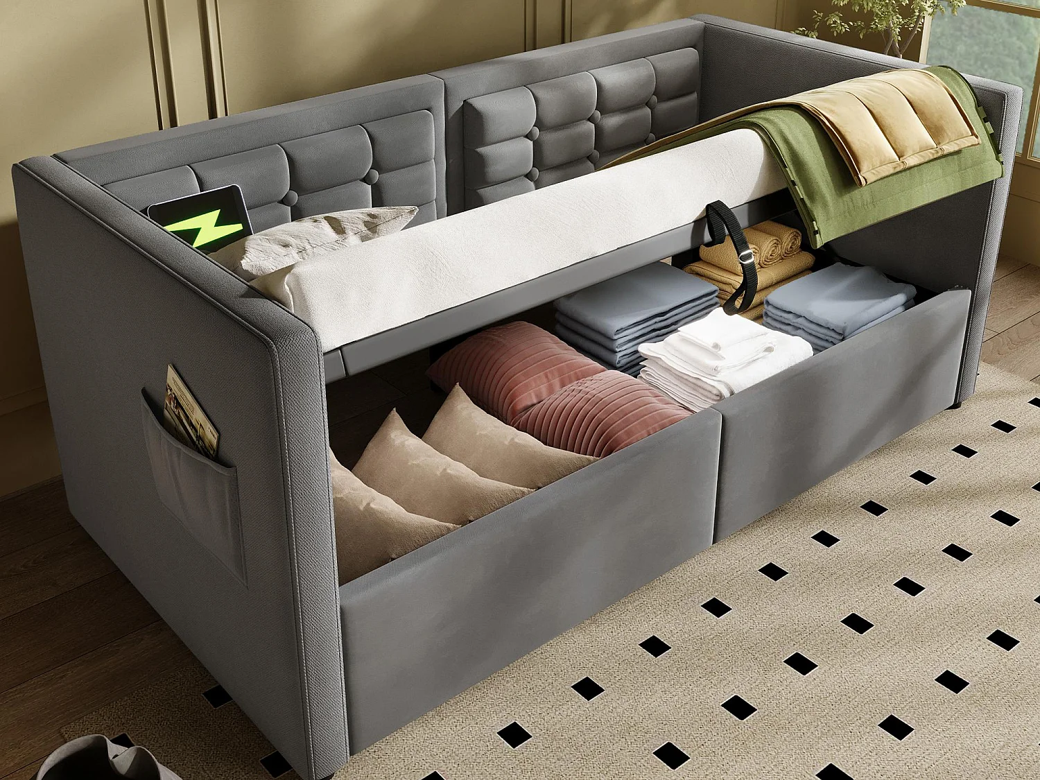 Tapicerowana sofa 90x190 cm - z przestrzenią do przechowywania - z portami USB i Type-C - Welur - Szary 4182142 - obrazek 1
