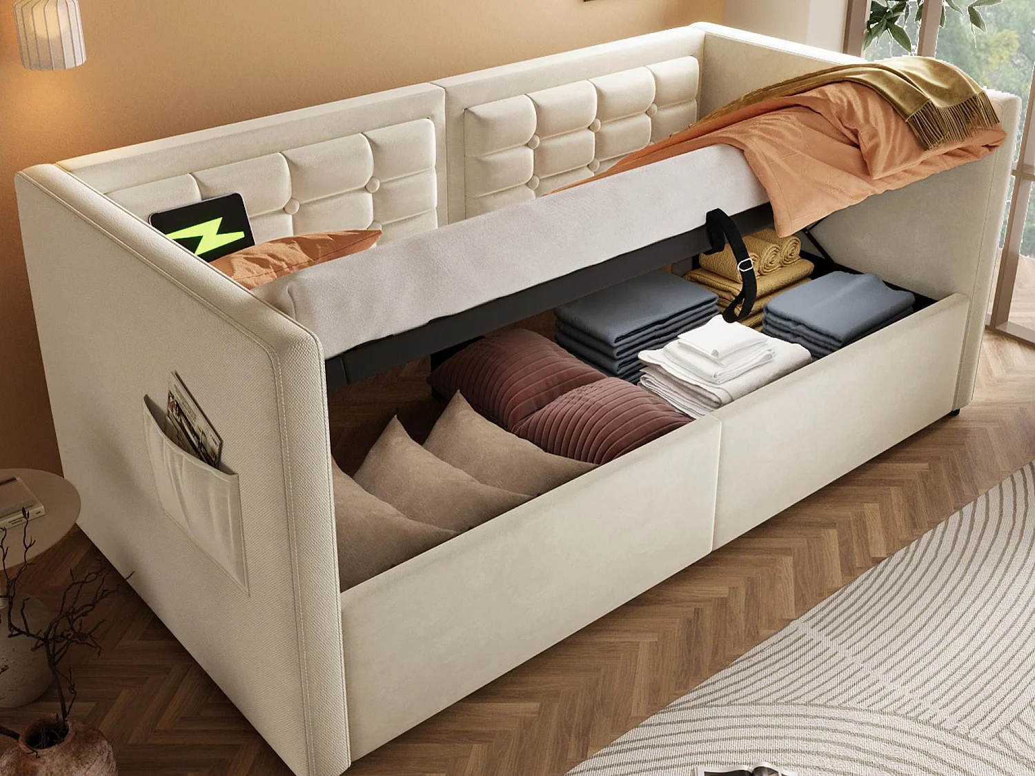 Tapicerowana sofa 90x200 cm - z przestrzenią do przechowywania - z portami USB i Type-C - Welur - Beżowy 4182143 - obrazek 1