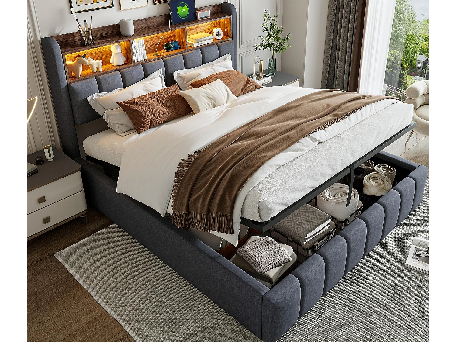 Łóżko z pojemnikiem i tapicerowanym zagłówkiem 180x200 cm - z oświetleniem LED + portem USB - Len - szare (bez materaca) 4182147 - obrazek 1