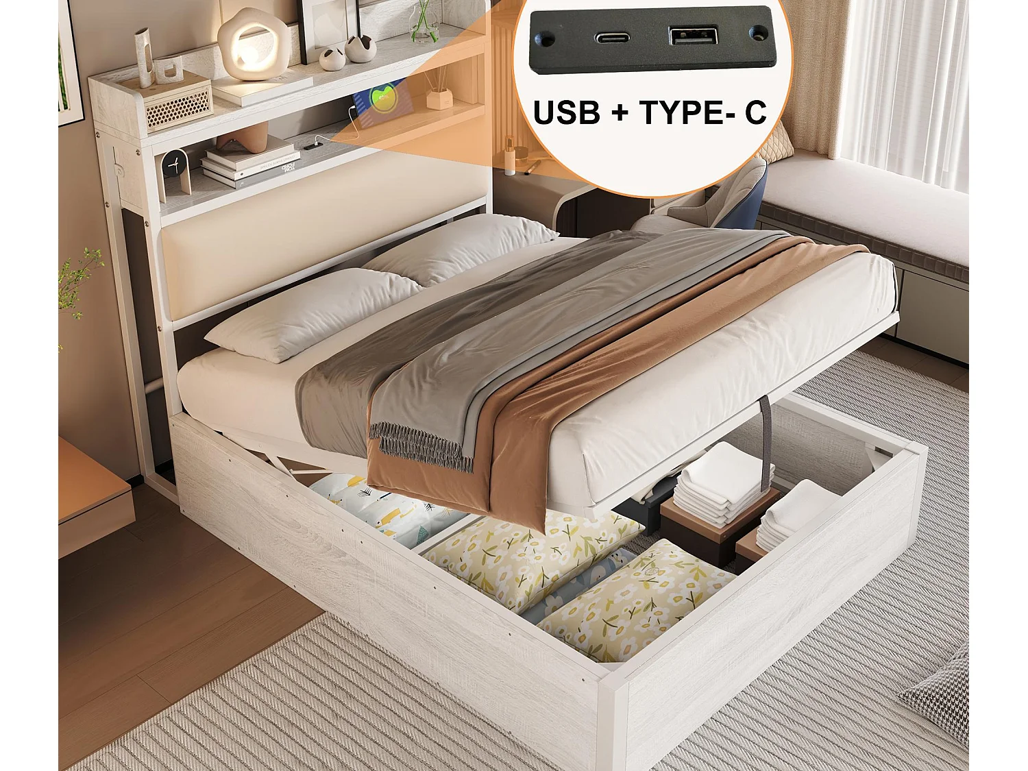 Łóżko z pojemnikiem 90x200 cm - z portem USB i półkami - Białe (materac nie jest wliczony w cenę) 4202054 - obrazek 1