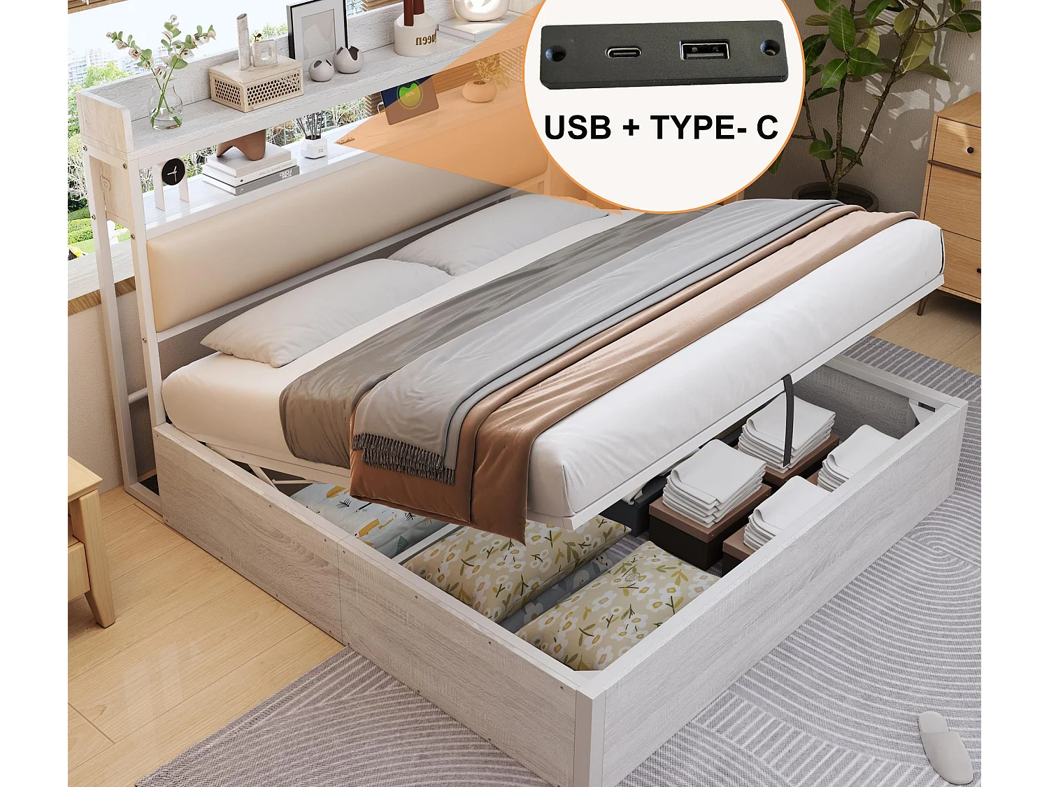 Łóżko z pojemnikiem 180x200 cm - z portem USB i półkami - Białe (materac nie jest wliczony w cenę) 4202058 - obrazek 1
