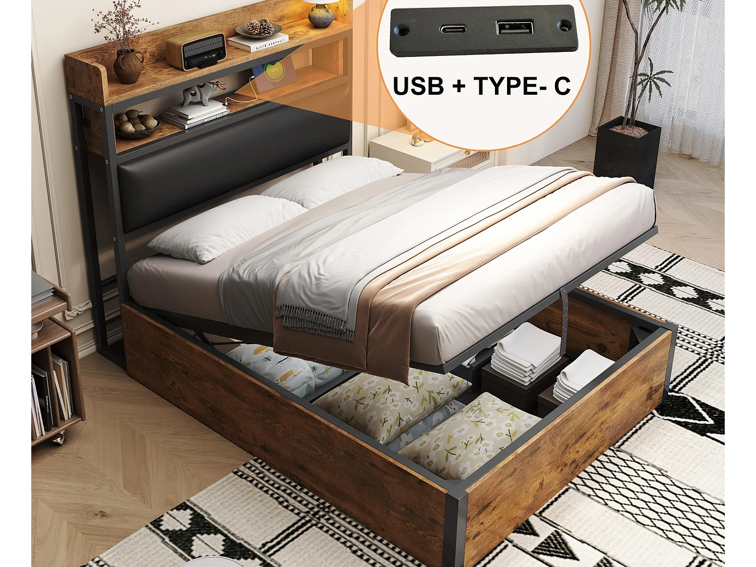 Łóżko z pojemnikiem 90x200 cm - z portem USB i półkami - czarne (materac nie jest wliczony w cenę) 4202071 - obrazek 1