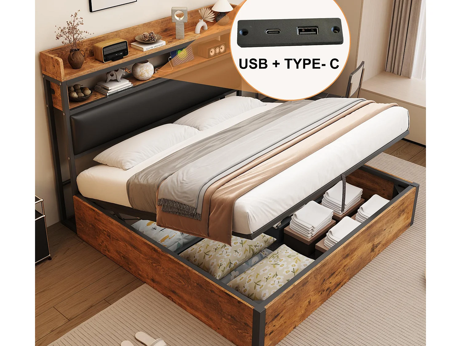 Łóżko z pojemnikiem 180x200 cm - z portem USB i półkami - czarne (materac nie jest wliczony w cenę) 4202074 - obrazek 1