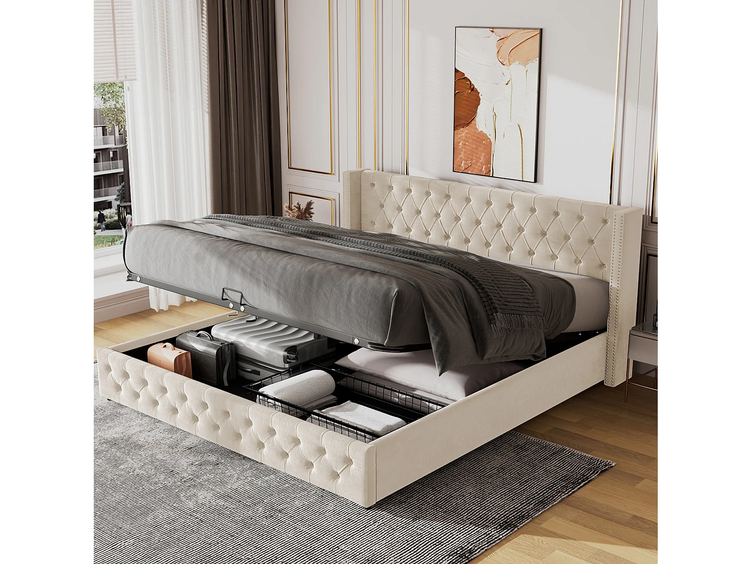 Łóżko ze schowkiem 180x200 cm - beżowy aksamit - łóżko podwójne z tapicerowanym zagłówkiem i stelażem z listew - bez materaca 3062103 - obrazek 1