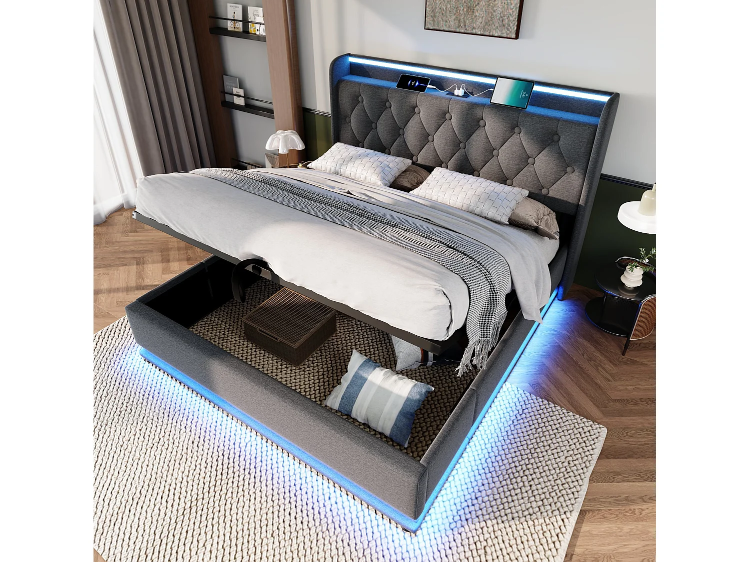 Łóżko z pojemnikiem 140x200 cm - Łóżko dla dorosłych z oświetleniem LED i ładowarką USB - szary len - bez materaca 4214848 - obrazek 1