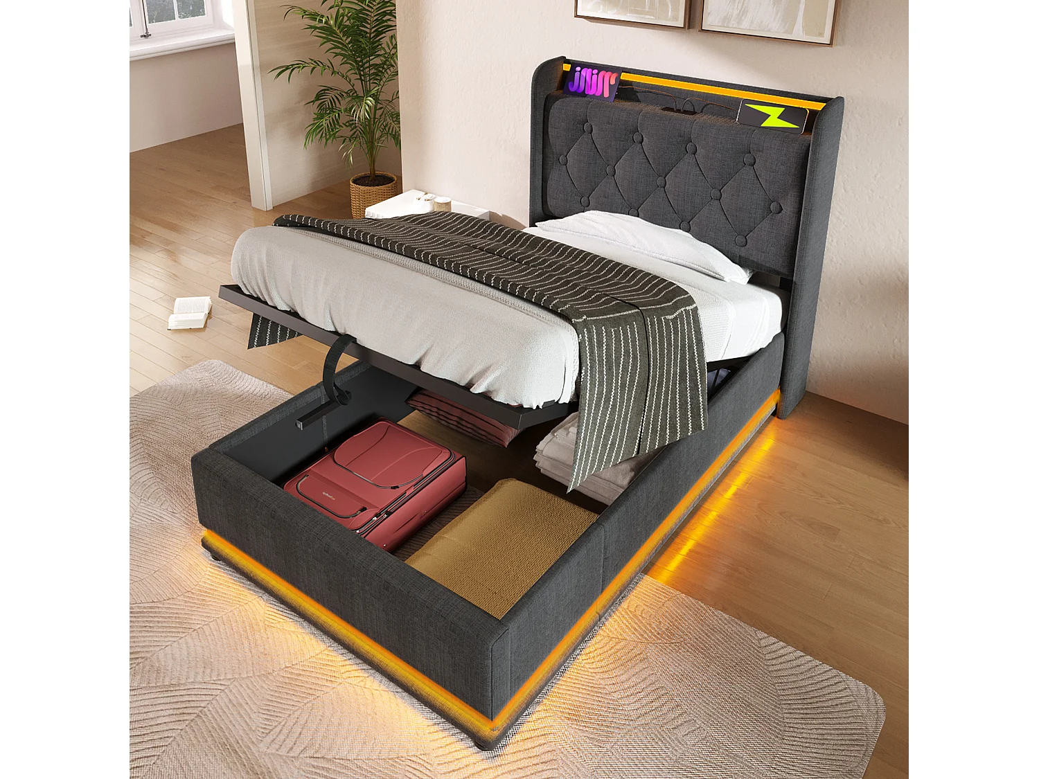 Łóżko z pojemnikiem 90x200 cm - Łóżko pojedyncze z oświetleniem LED i ładowarką USB - szary len - bez materaca 4214859 - obrazek 1
