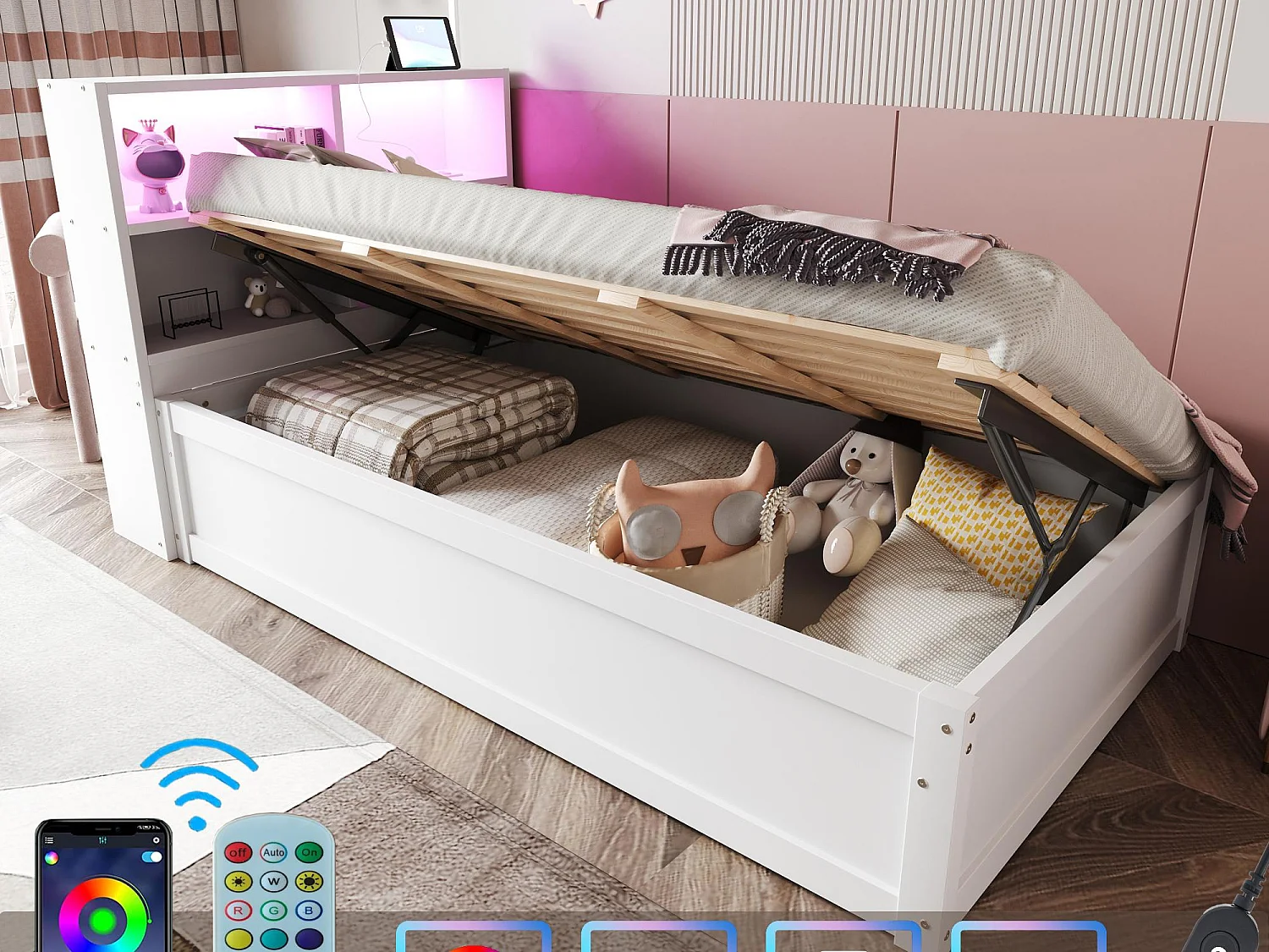 Łóżko ze schowkiem 90x200 cm - Z gniazdkiem - Z komorą do przechowywania - Z oświetleniem LED - Białe (bez materaca) 4216566 - obrazek 1