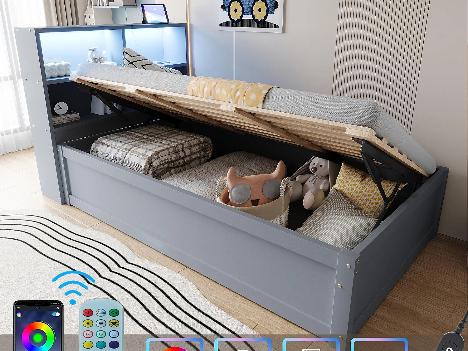 Łóżko ze schowkiem 90x200 cm - Z gniazdkiem - Z komorą do przechowywania - Z oświetleniem LED - Szare (bez materaca) 4216567 - obrazek 1