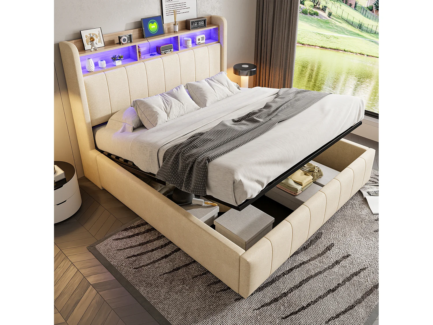 Łóżko z pojemnikiem 160x200 cm - Łóżko dla dorosłych z oświetleniem LED i ładowaniem USB - Zagłówek z półkami i schowkiem - Beżowy len 4222852 - obrazek 1