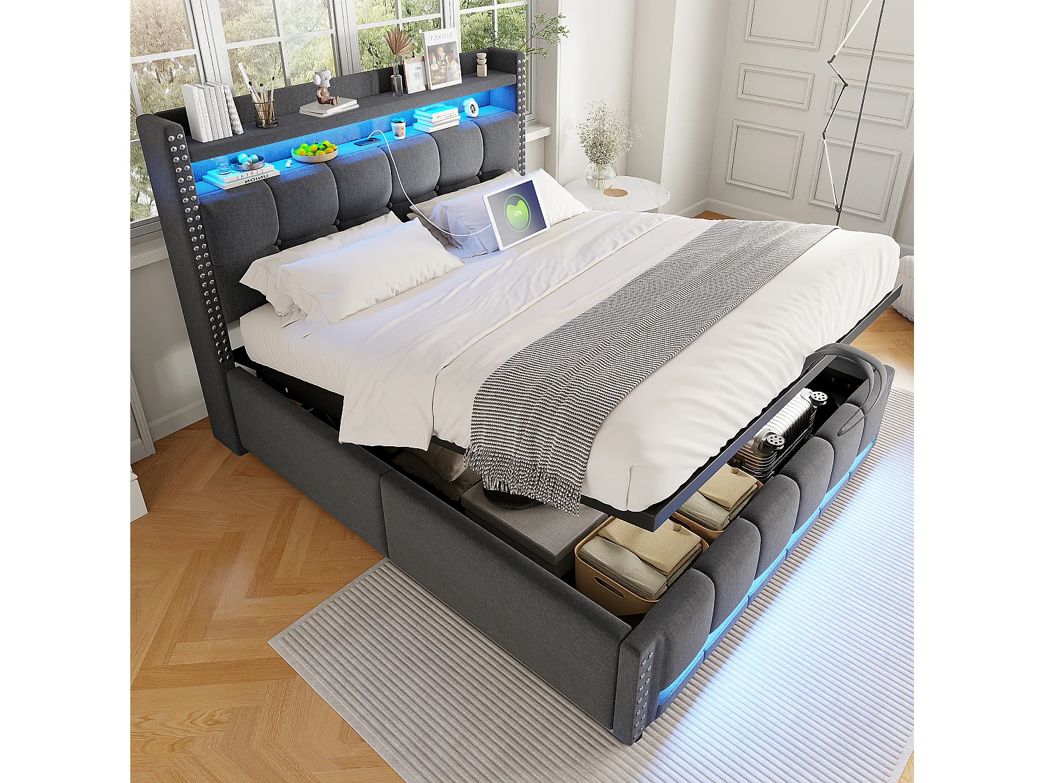 Łóżko z pojemnikiem 140x200 cm - Łóżko dla dorosłych z oświetleniem LED i ładowaniem USB - Zagłówek z półkami i schowkiem - Szary len 4222875 - obrazek 1