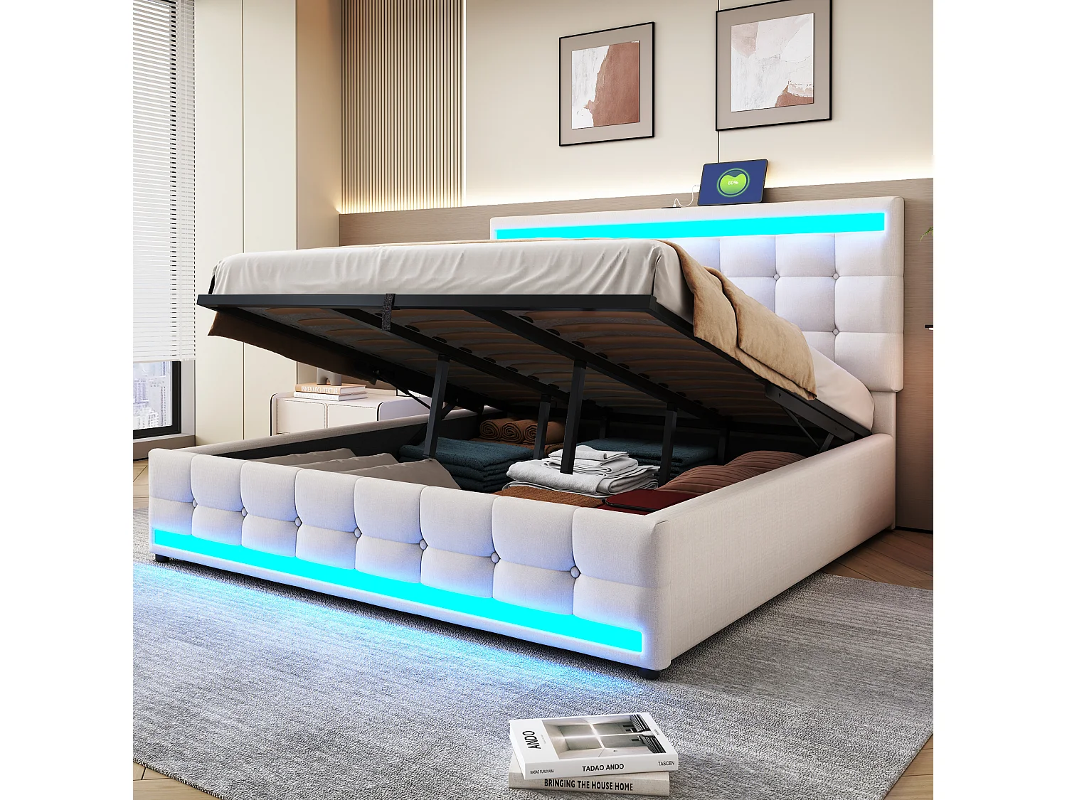 Łóżko z pojemnikiem 180 x 200 cm - Łóżko dla dzieci z ładowaniem USB i oświetleniem LED - beżowy len - bez materaca 4222890 - obrazek 1