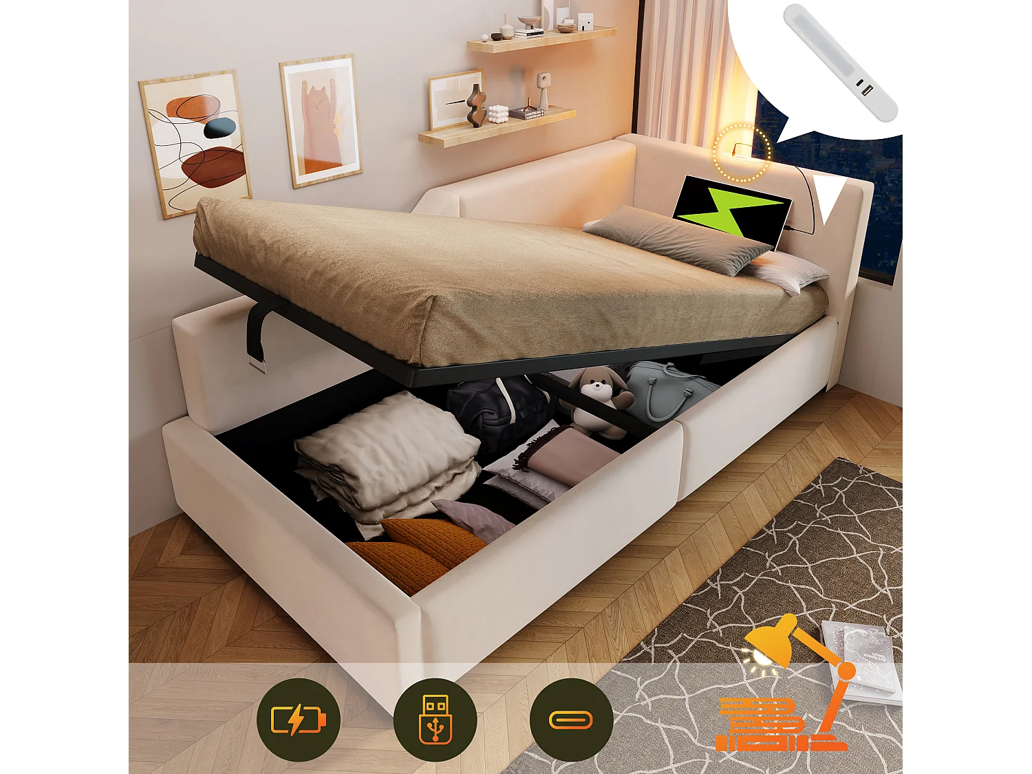 Łóżko ze schowkiem 90x200 cm, beżowy aksamit, sofa rozkładana z lampką do czytania i funkcją ładowania przez USB, bez materaca 4252197 - obrazek 1