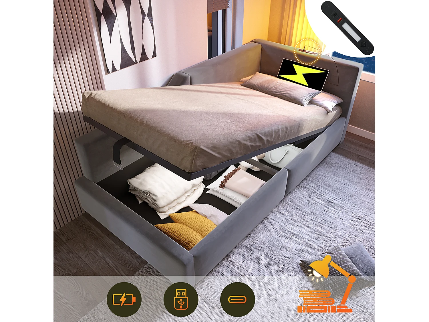 Łóżko ze schowkiem 90x200 cm, szary aksamit, sofa rozkładana z lampką do czytania i funkcją ładowania przez USB, bez materaca 4252202 - obrazek 1