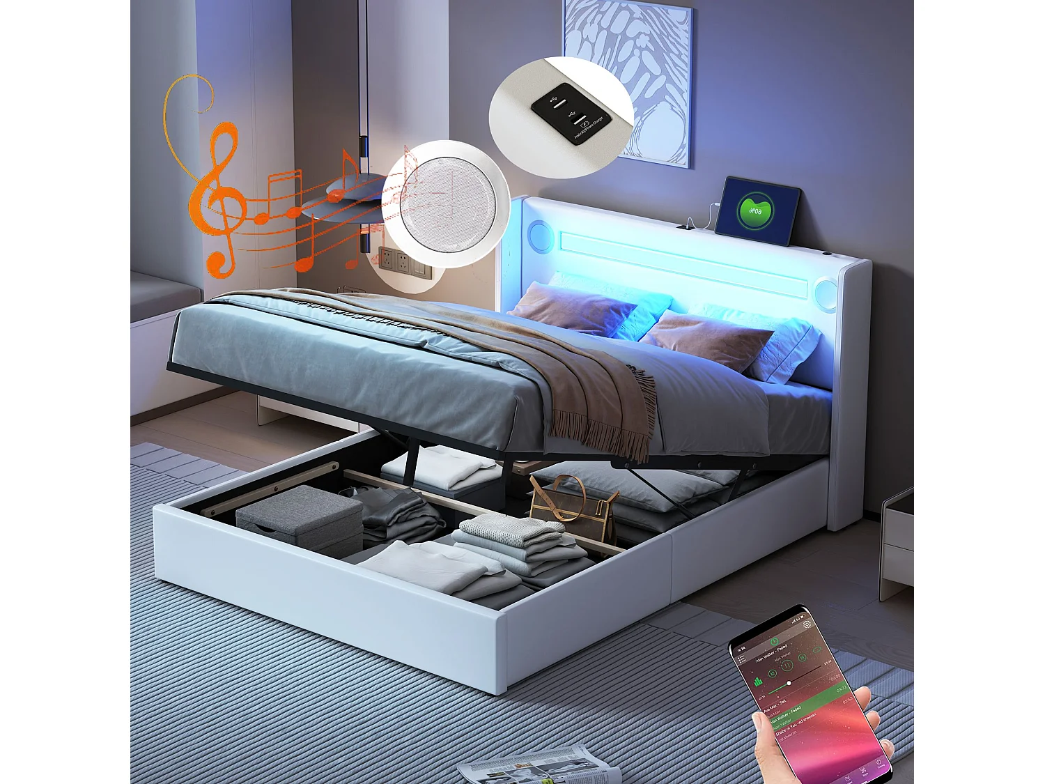Łóżko ze schowkiem 140 x 200 cm - Biały PU - Łóżko dla dorosłych z ładowarką USB i odtwarzaczem Bluetooth - Oświetlenie LED - bez materaca 4252242 - obrazek 1
