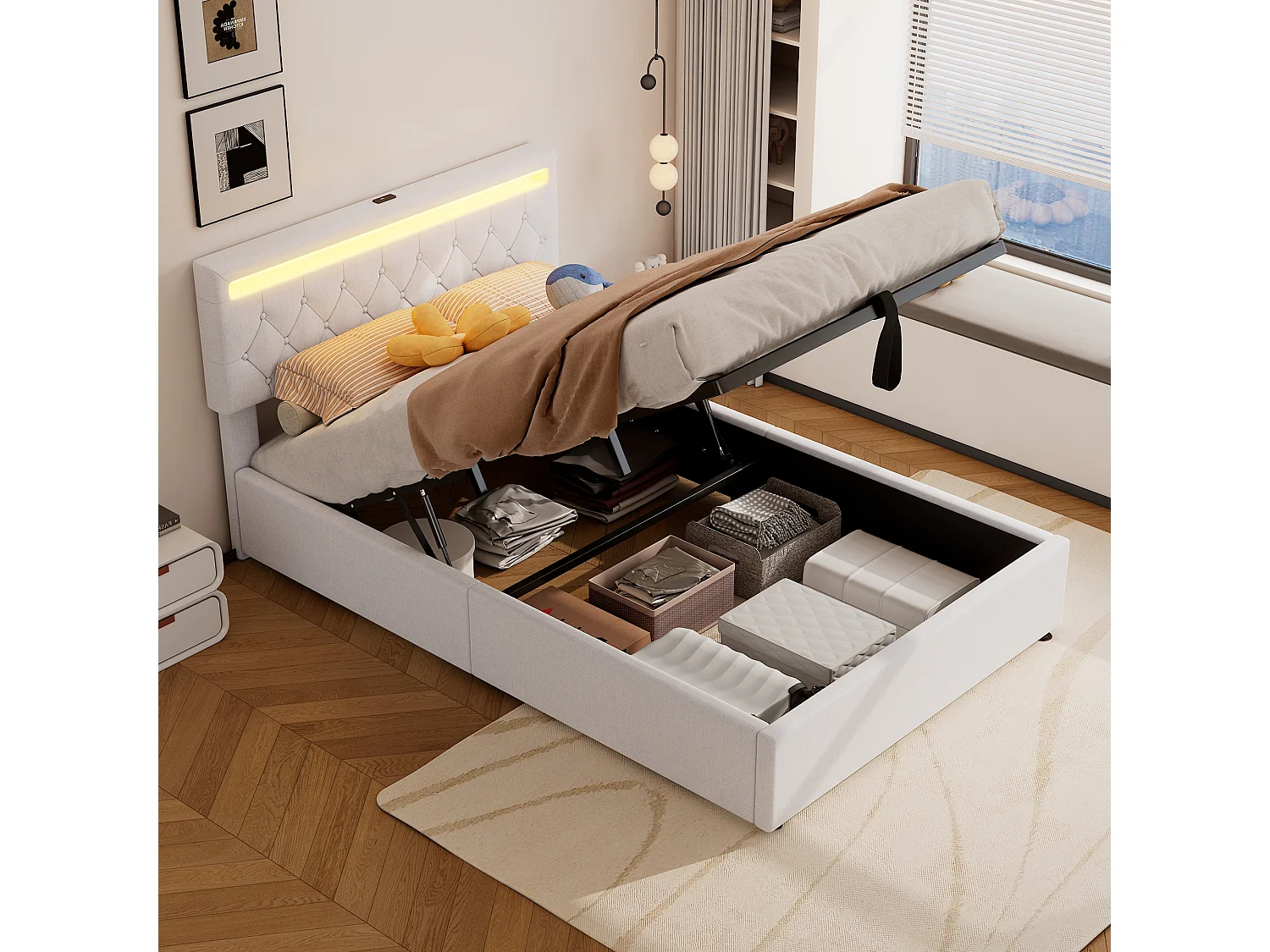 Łóżko ze schowkiem 140x200 cm - Biały len - łóżko dla nastolatków z oświetleniem LED i ładowaniem przez USB - bez podstawy 4252247 - obrazek 1