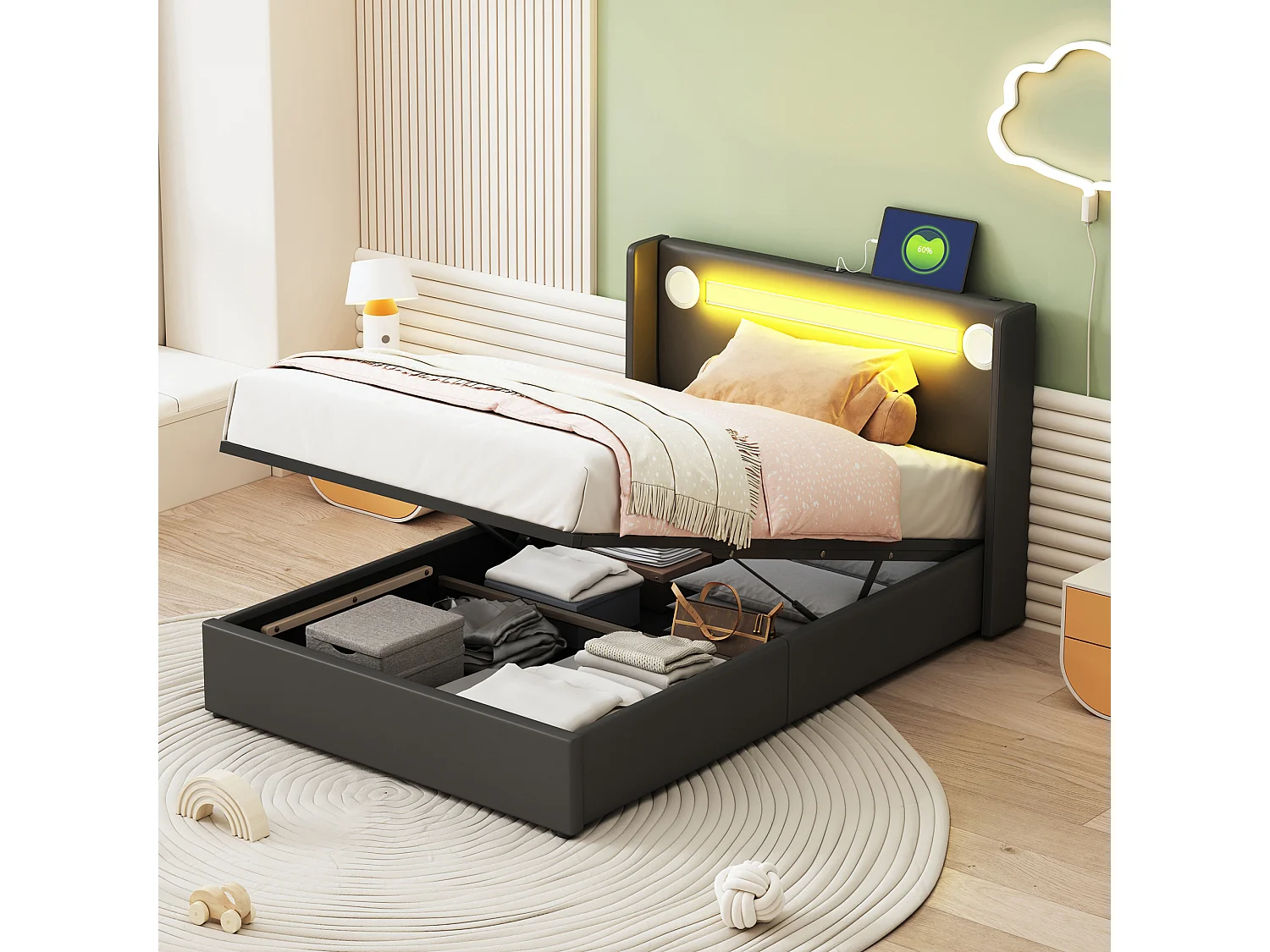 Łóżko ze schowkiem 90x200 cm - Czarny PU - Łóżko dziecięce z ładowarką USB i odtwarzaczem Bluetooth - Oświetlenie LED - bez materaca 4252252 - obrazek 1