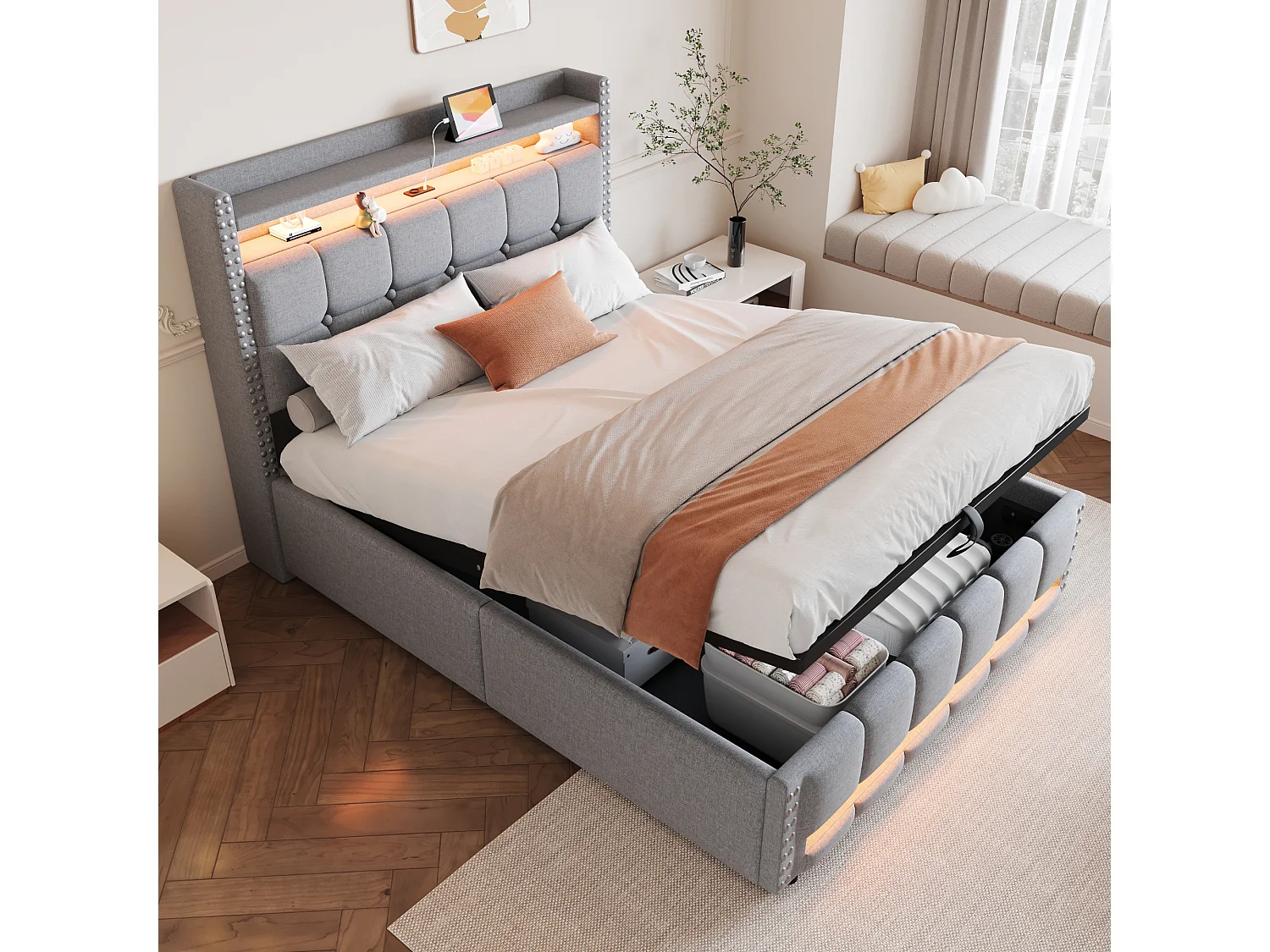 Łóżko z pojemnikiem 140 x 200 cm - Jasnoszary len - Łóżko z oświetleniem LED i portami USB - bez materaca 4252250 - obrazek 1