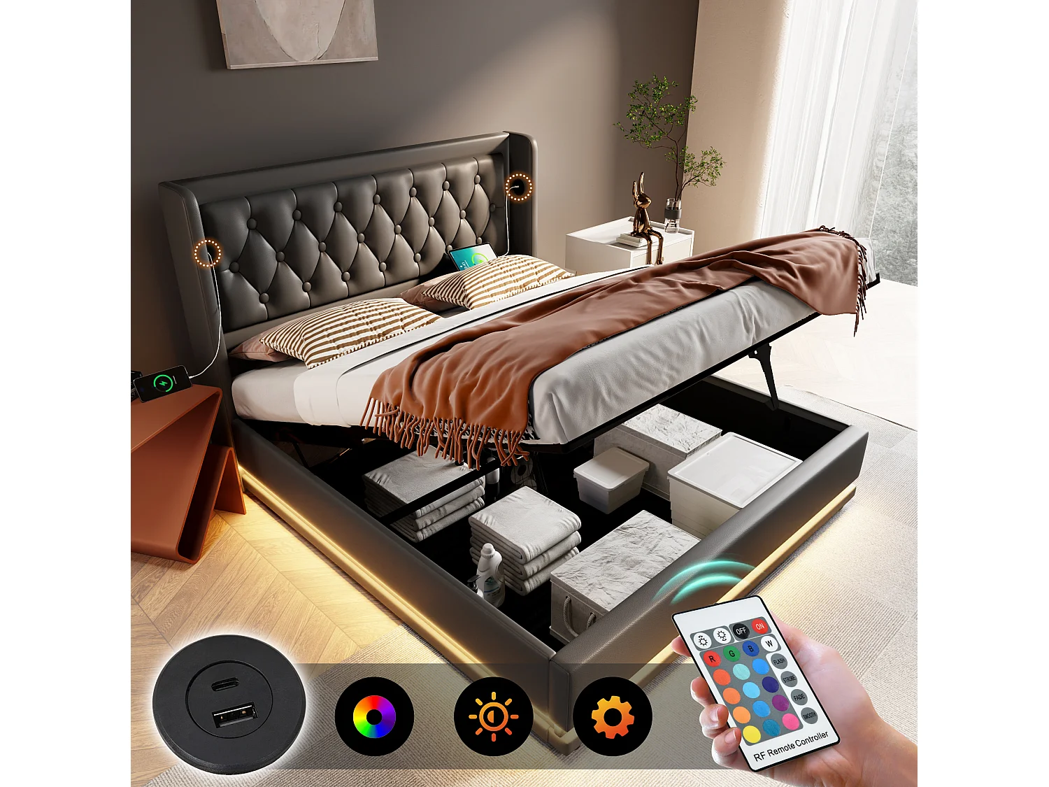 Łóżko ze schowkiem 140x200 cm - czarny PU - łóżko dla dorosłych z oświetleniem LED i ładowaniem USB - bez materaca 4252251 - obrazek 1
