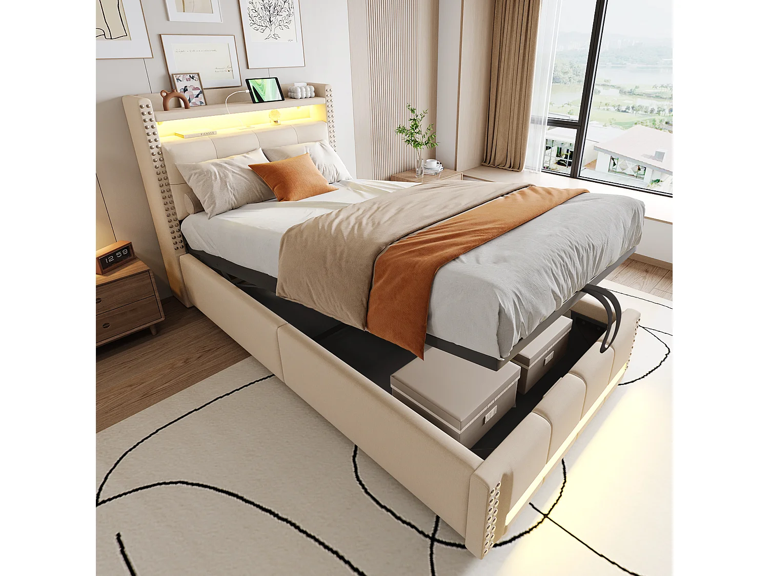 Łóżko ze schowkiem 90x200 cm - Pościel beżowa - Łóżko dziecięce z oświetleniem LED i portami USB - bez materaca 4252258 - obrazek 1