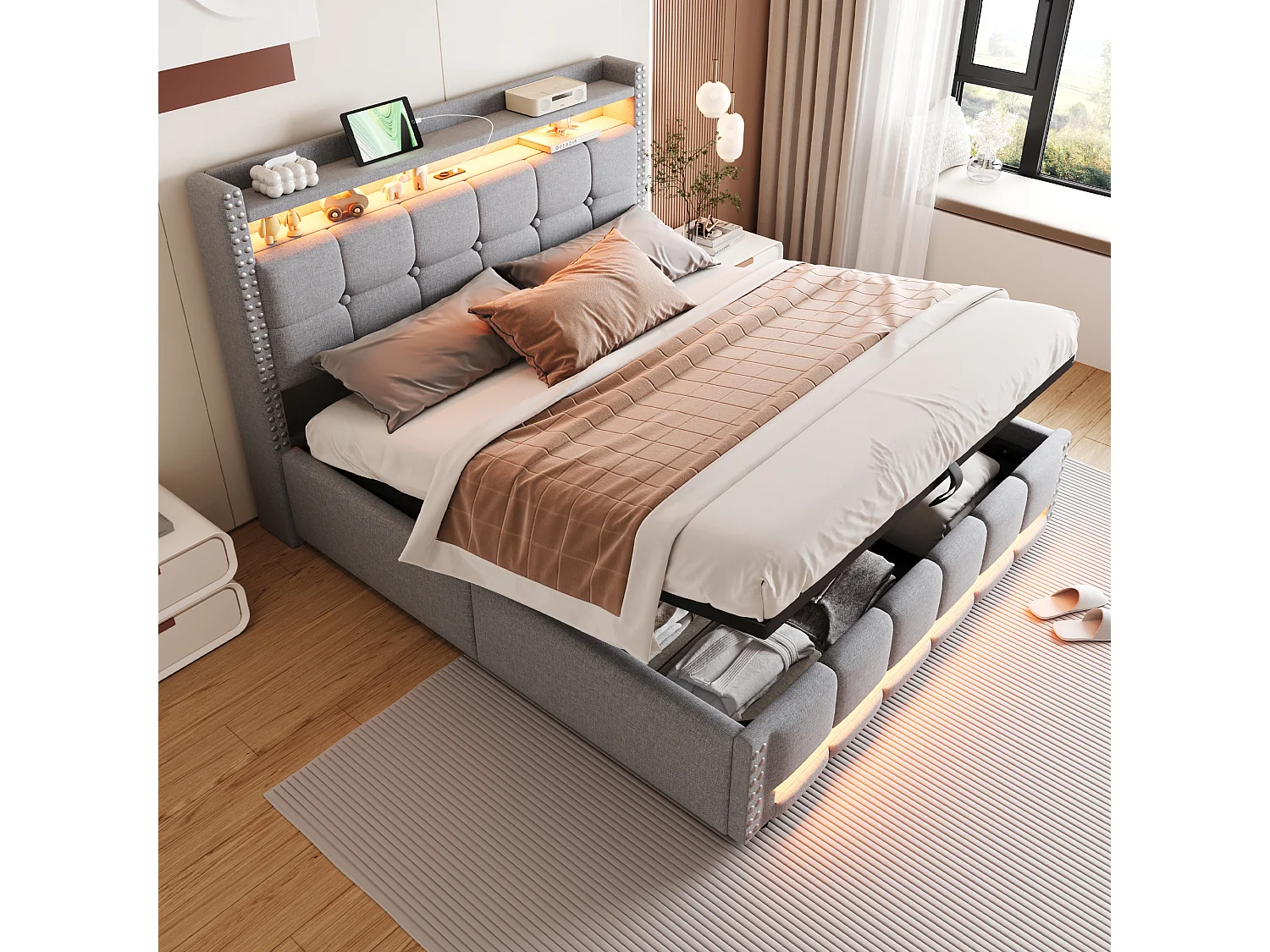 Łóżko ze schowkiem 160 x 200 cm - Jasnoszary len - Łóżko dwuosobowe z oświetleniem LED i portem USB - bez materaca 4252260 - obrazek 1