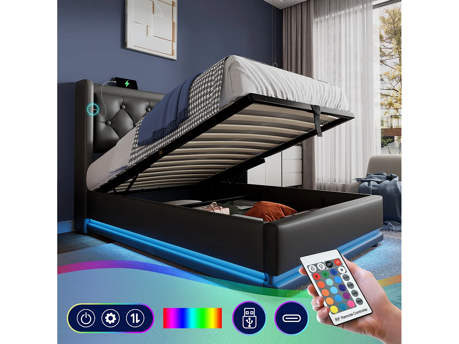 Łóżko ze schowkiem 90x200 cm - czarny PU - łóżko dziecięce z oświetleniem LED i ładowaniem USB - bez materaca 4252263 - obrazek 1