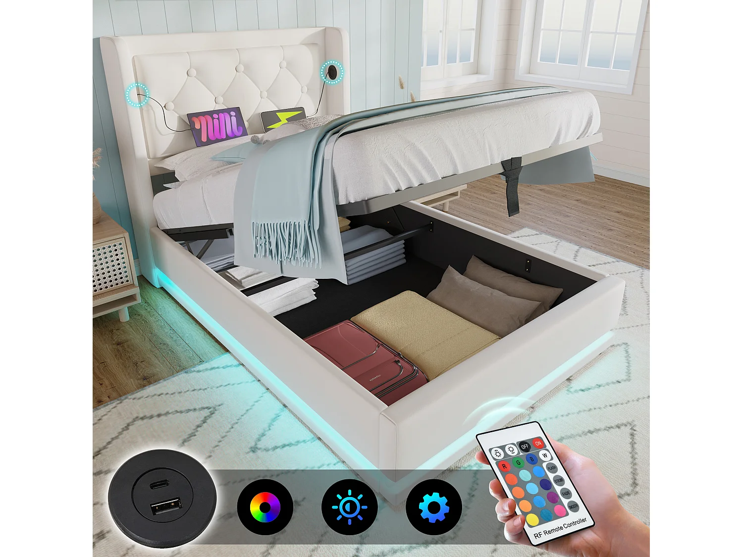 Łóżko ze schowkiem 90x200 cm - biały PU - łóżko dziecięce z oświetleniem LED i ładowaniem USB - bez materaca 4252270 - obrazek 1
