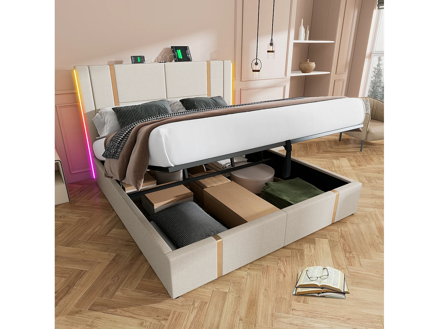 Łóżko ze schowkiem 160x200 cm - beżowy len - łóżko małżeńskie z funkcją ładowania LED i USB - bez materaca 4252273 - obrazek 1