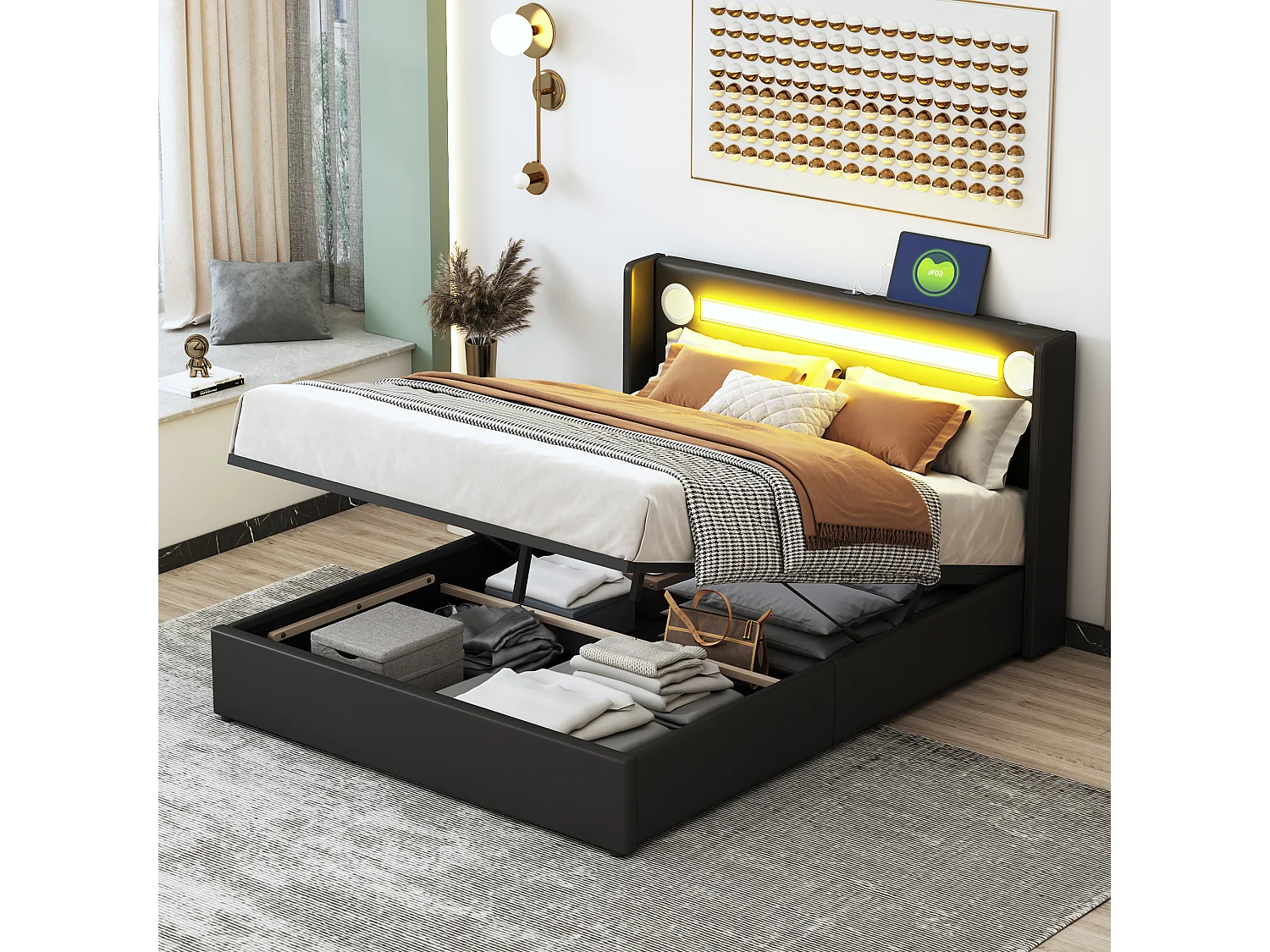 Łóżko ze schowkiem 140 x 200 cm - Czarny PU - Łóżko dla dorosłych z ładowarką USB i odtwarzaczem Bluetooth - Oświetlenie LED - bez materaca 4252274 - obrazek 1