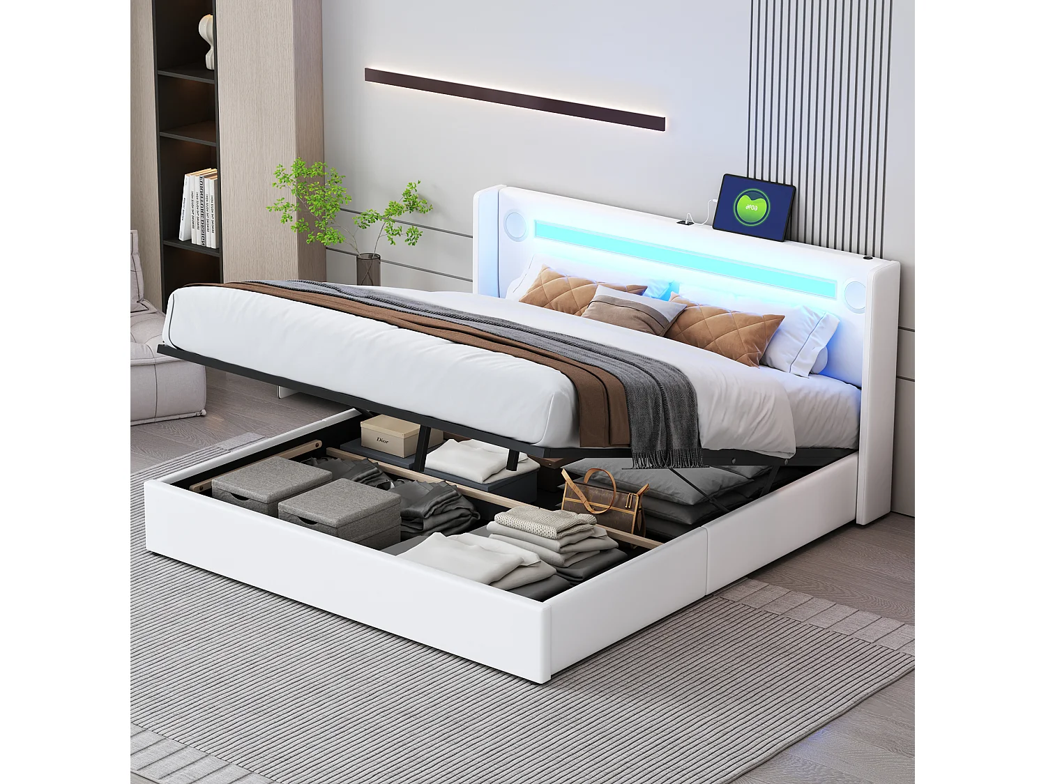 Łóżko ze schowkiem 160 x 200 cm - Biały PU - Łóżko dwuosobowe z ładowarką USB i odtwarzaczem Bluetooth - Oświetlenie LED - Bez materaca 4252280 - obrazek 1