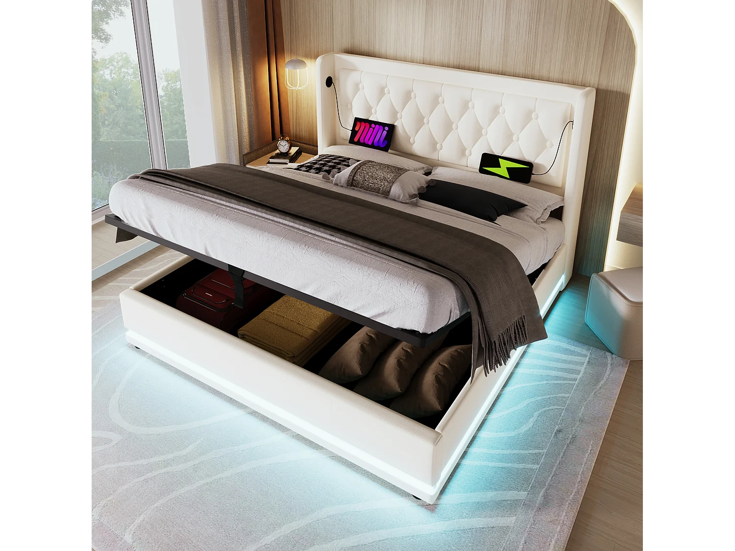 Łóżko ze schowkiem 180x200 cm - biały PU - łóżko dwuosobowe z ładowaniem przez USB i oświetleniem przez LED - bez materaca 4252301 - obrazek 1