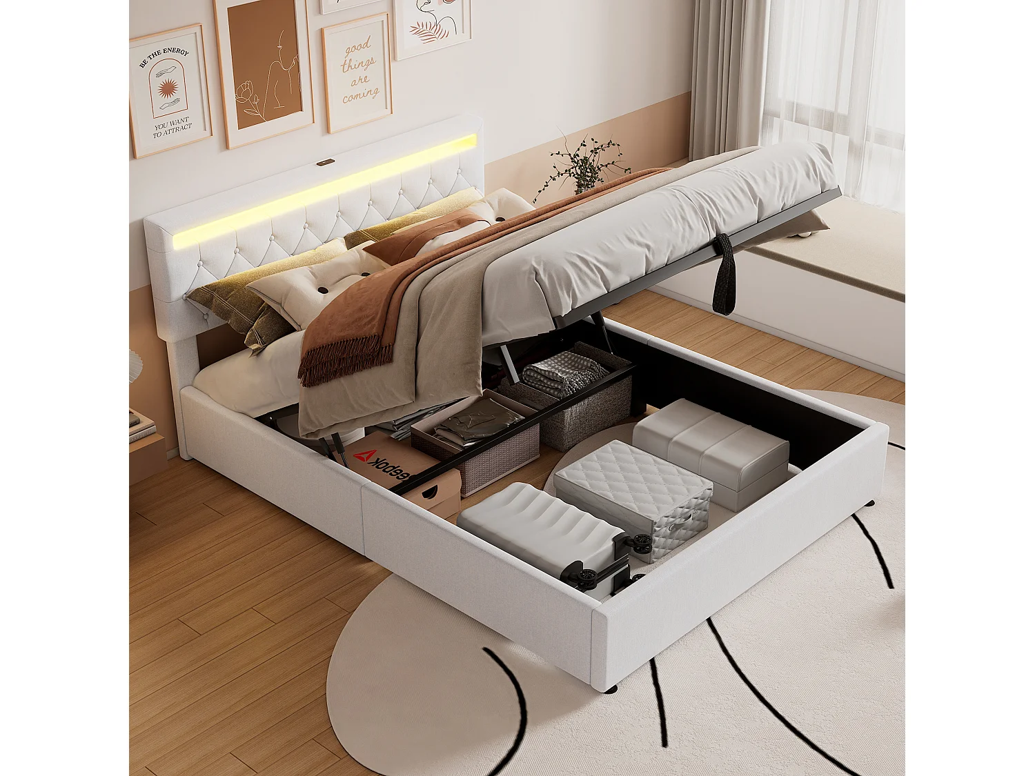 Łóżko ze schowkiem 160x200 cm - Biały len - łóżko dla dorosłych z oświetleniem LED i ładowaniem przez USB - bez podstawy 4252309 - obrazek 1